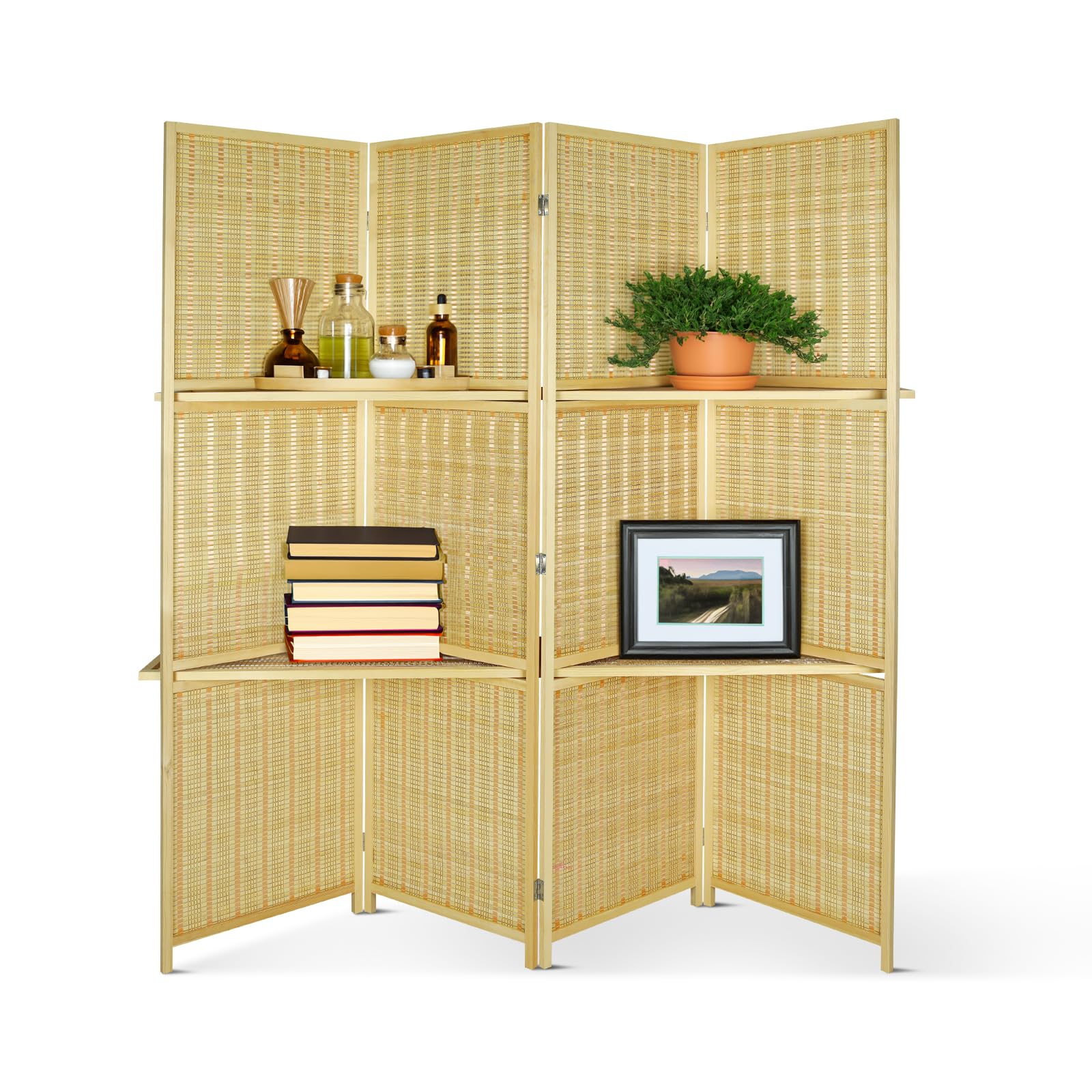 ECOMEX 4-Panel Woven Bamboo Room Divider with Shelf - Freestanding Folding Privacy Screen for Home, Office & Bedroom Separation - Perfect for Room Dividers, Partitions & Decorative Space Dividers