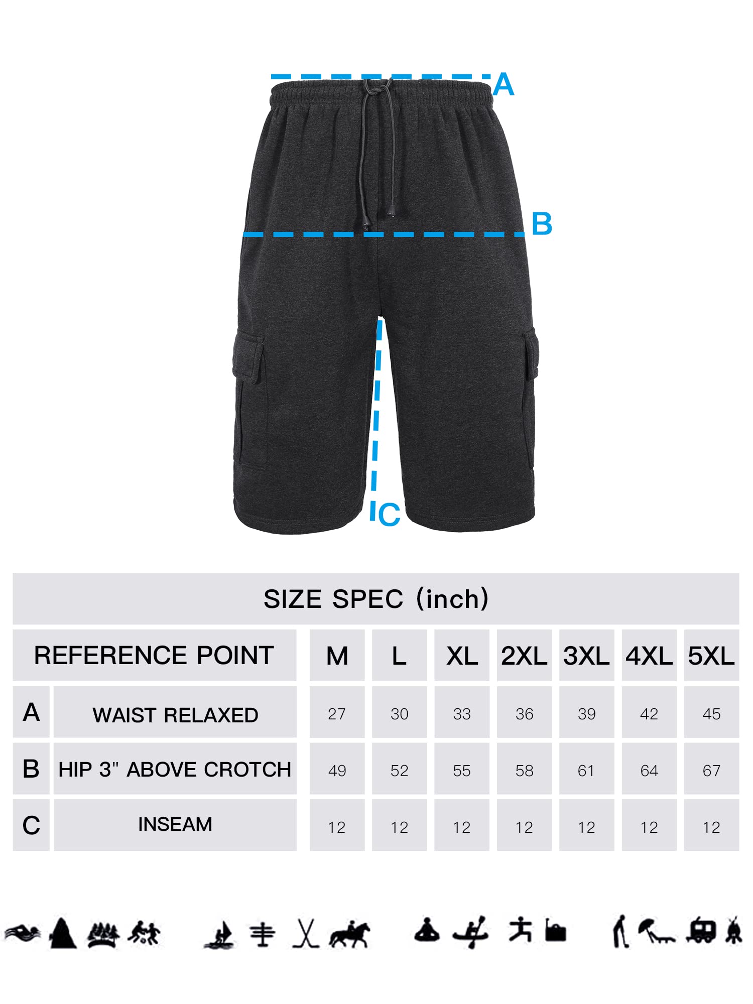 **Men's Fleece Cargo Sweat Shorts - Below The Knee, Elastic Waist, Workout & Jogger Shorts with Pockets - Perfect for Gym, Running, and Casual Wear**