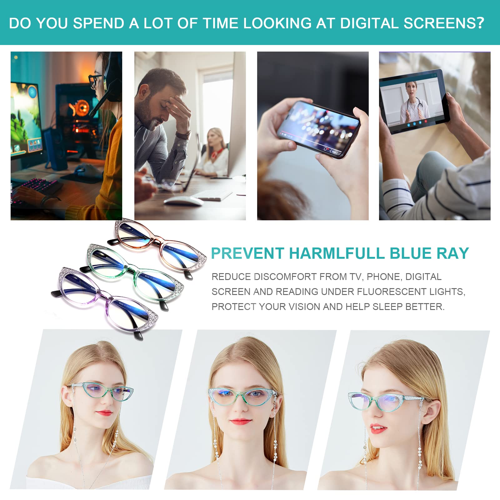 Blue Light Blocking Cat Eye Reading Glasses for Women - 3 Pack Computer Readers with 1.25 Magnification, Anti-UV & Spring Hinge - Fashionable Lightweight Eyeglass Frames for Office, Reading & Screen Use