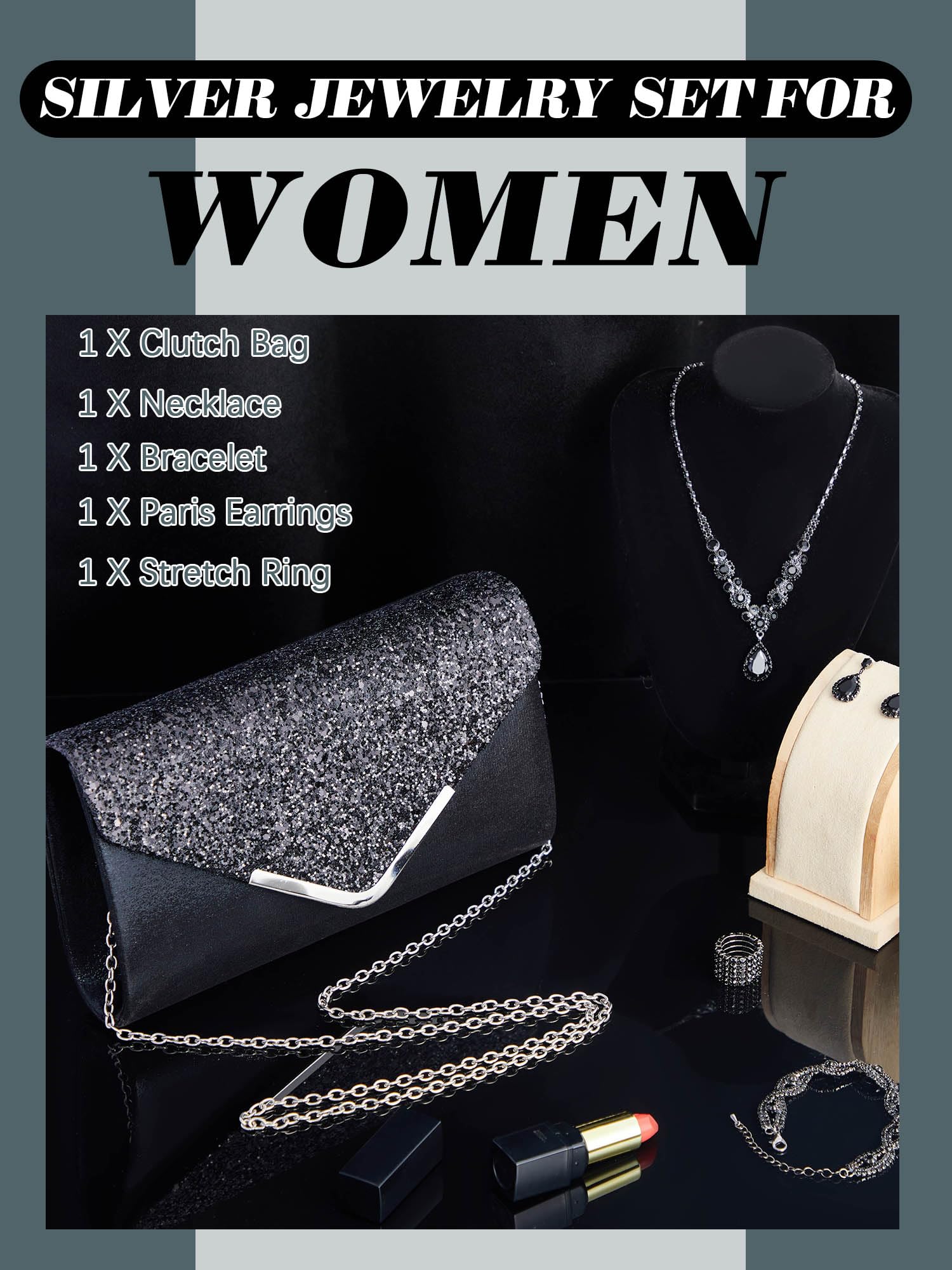 Henoyso 5-Piece Rhinestone Jewelry Set for Women - Necklace, Earrings & Bracelet with Matching Clutch Purse - Perfect for Bridal, Prom & Evening Events - Elegant Wedding Accessories & Formal Party Jewelry Set