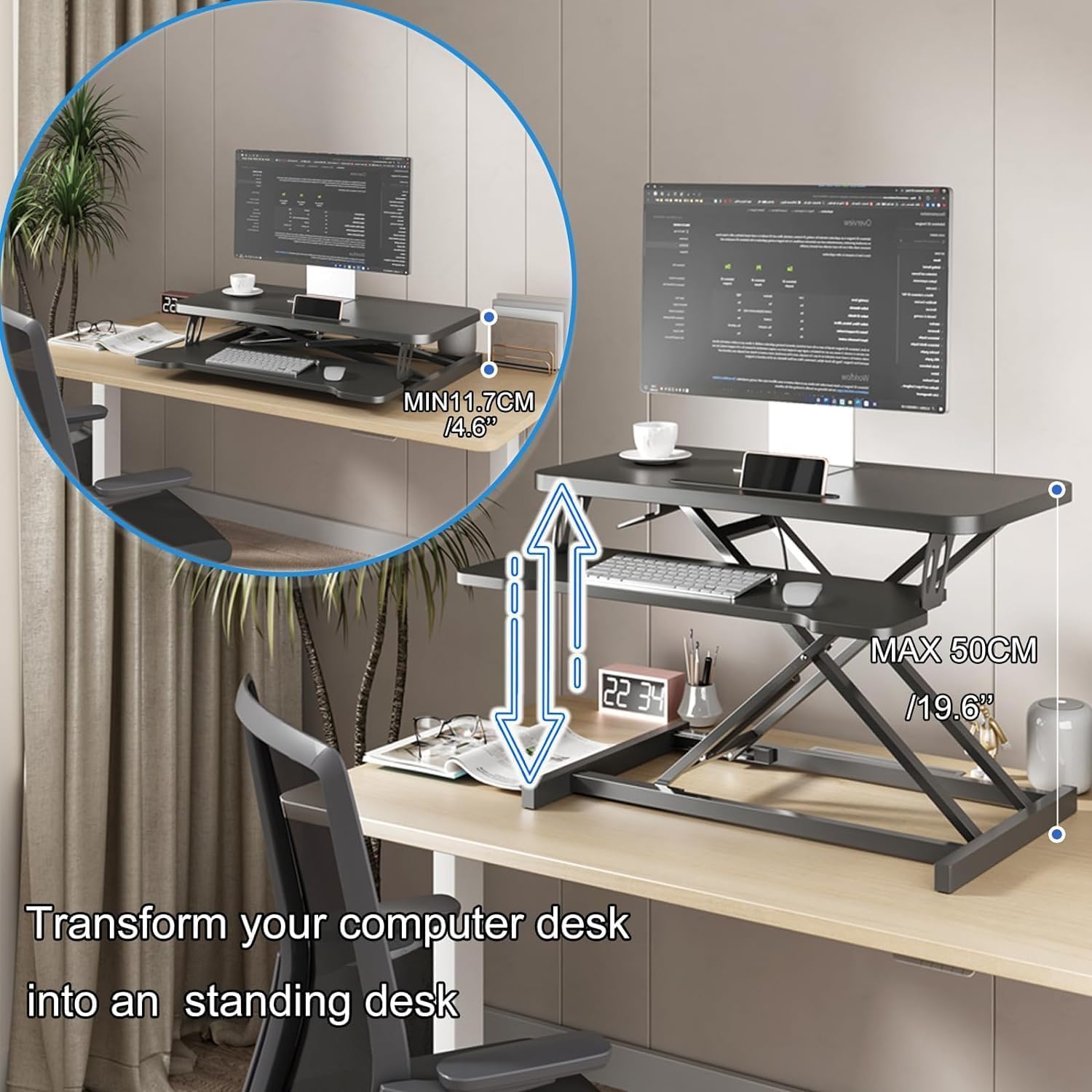 32 Inch Adjustable Standing Desk Converter for Dual Monitors - Sit to Stand Desk Riser with Wide Keyboard Tray, Ergonomic Workstation Solution for Home & Office (Black) - Perfect for Remote Work, Gaming, and Productivity Boost