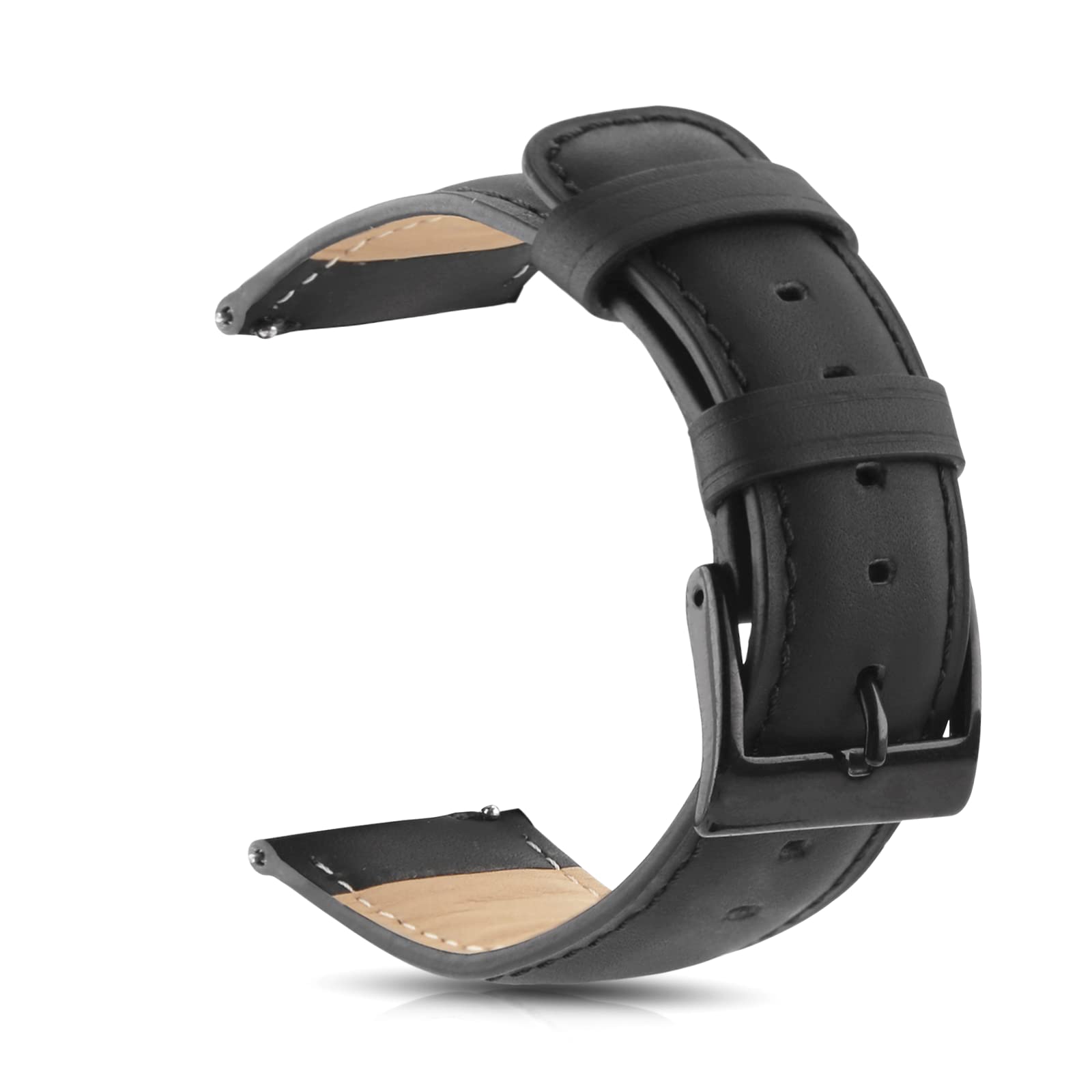 Vetoo 22mm Quick Release Leather Watch Band - Matte Black Stainless Steel Strap for Men & Women | Casual & Dress Wear