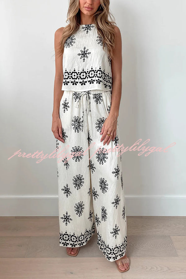 Stylish Printed Round Neck Sleeveless Blouse & Elastic Waist Pocket Wide Leg Pants Set - Women's Casual Outfit for Summer, Beach, Vacation & Daily Wear