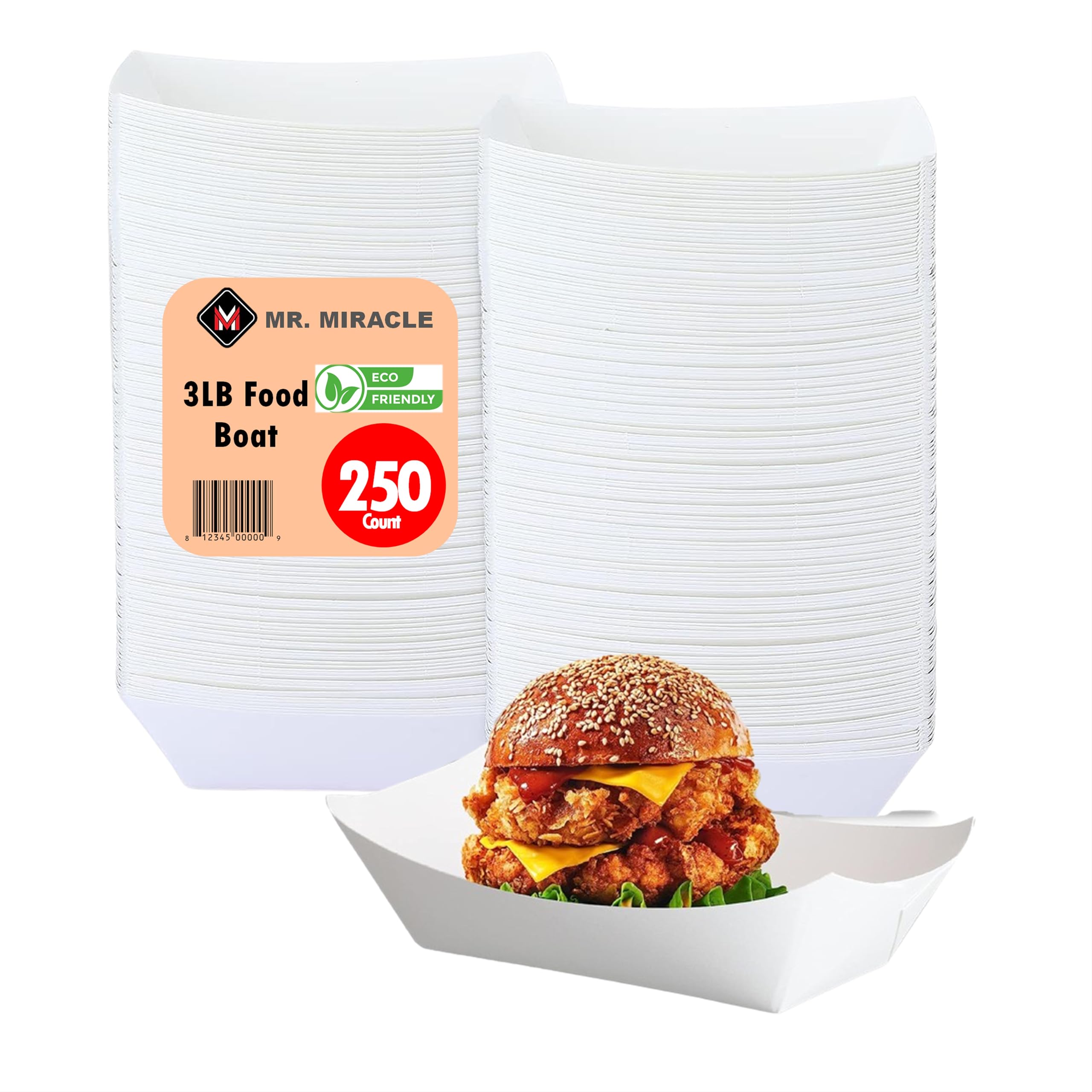 Disposable White Paper Food Trays - 250 Pack (3LB Large Size) | Recyclable Serving Boats for Condiments, Snacks & Concession Food | Grease Resistant | Perfect for Parties, Picnics & Food Service Businesses
