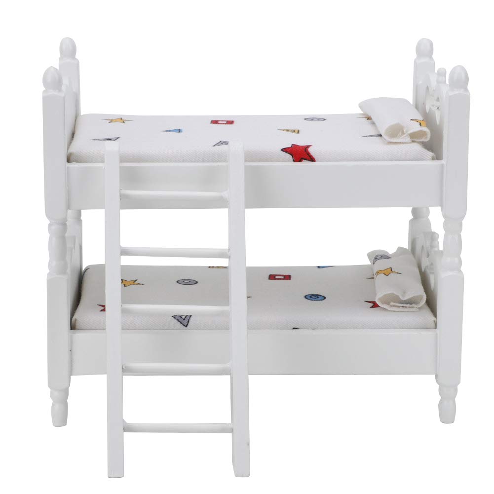URRNDD Wooden Dollhouse Queen Bed & Bunk Bed Set - Blue Geometric Pattern Miniature Furniture for 12