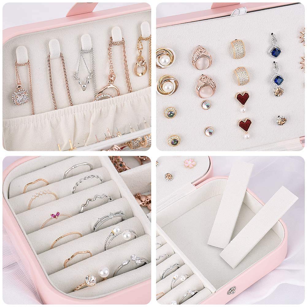 Best Portable Travel Jewelry Box - 2-Layer Leather Jewelry Organizer for Women | Ring, Necklace & Earring Storage Case | Perfect Gift for Her, Birthday, Anniversary | Compact Display Case for Travel, Home & Office Use (Pink)