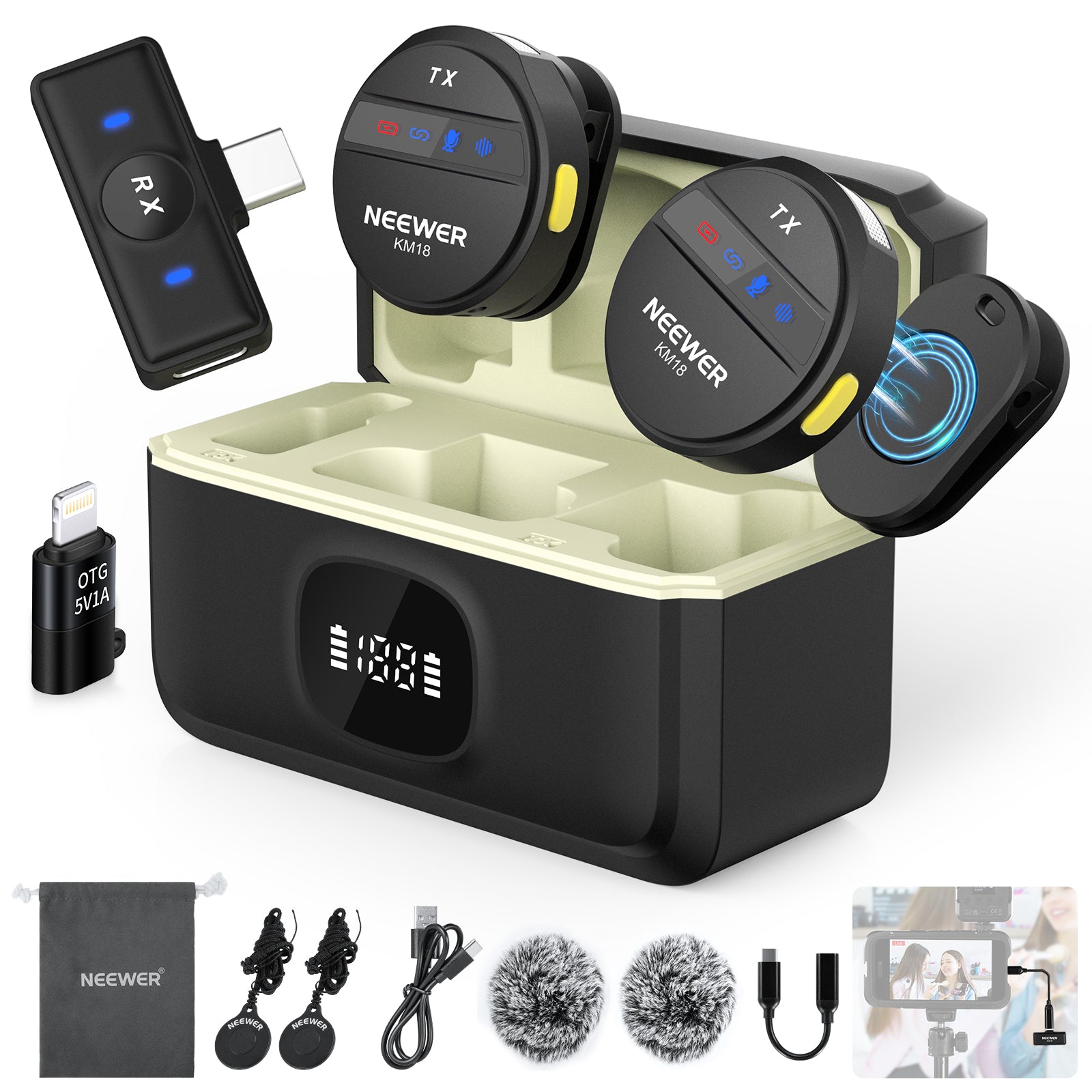 NEEWER KM18 Wireless Lavalier Microphone for iPhone, Android Smartphones & PC - Compact Clip-on Mic for YouTube, TikTok, Podcasting & Video Conferencing