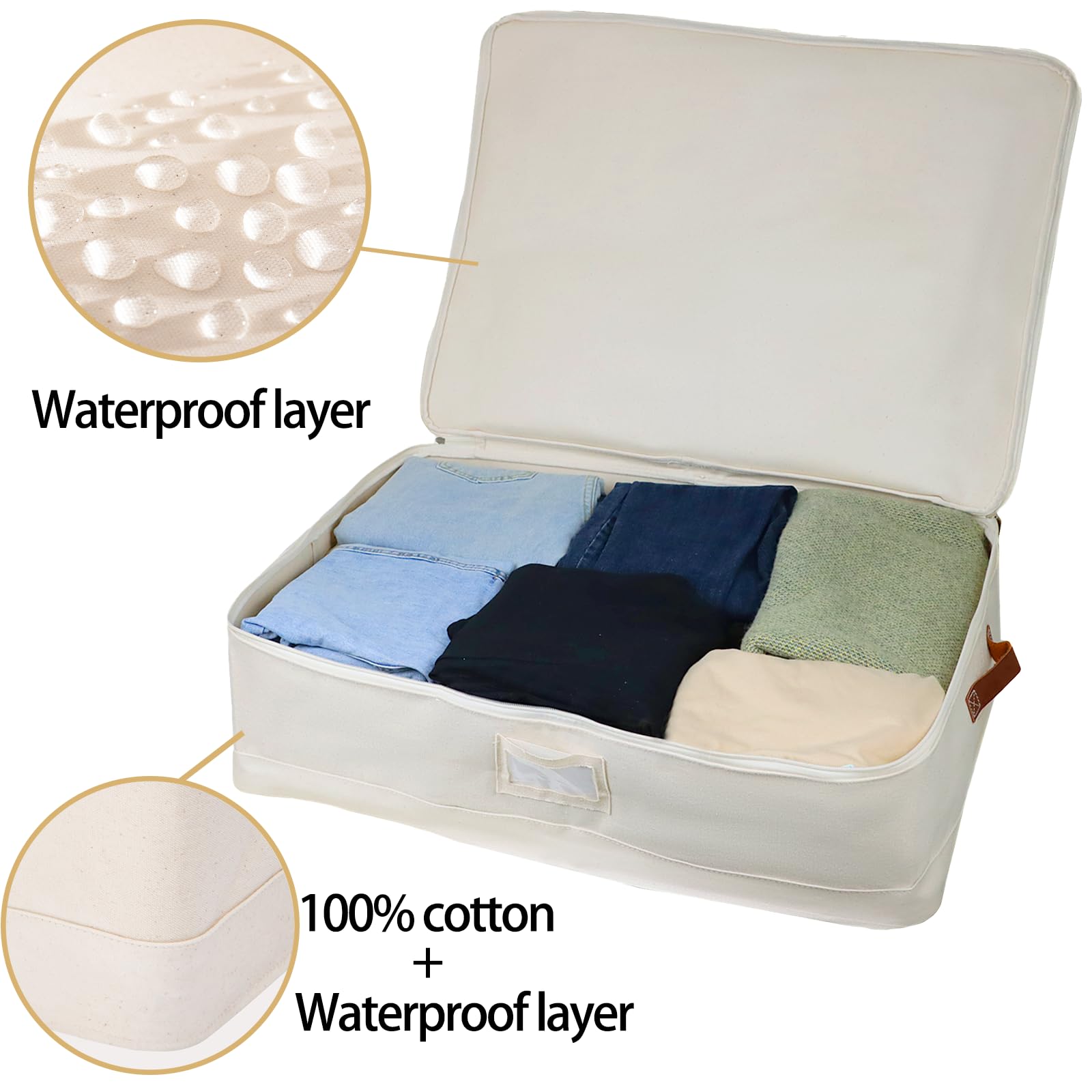 Large Canvas Clothes Storage Bag with Zipper & PU Leather Handles - Heavy Duty Closet Organizer for Seasonal Clothing, Blankets & Linens - Decorative Storage Bin with Label for Bedroom, Closet & Travel