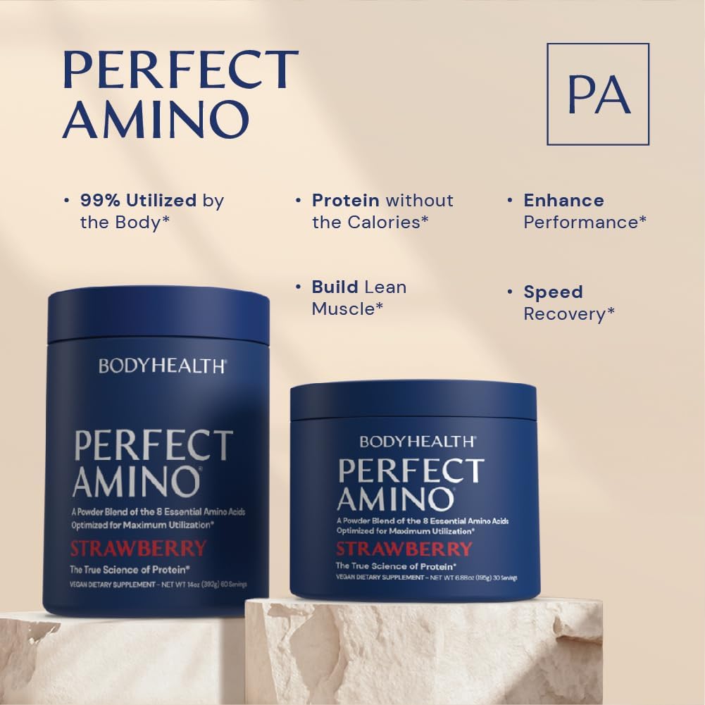 BodyHealth PerfectAmino Powder - BCAA & EAA Supplement for Workout Recovery & Muscle Growth - Strawberry Flavor Amino Acid Energy Drink for Men & Women - 60 Servings - Ideal for Gym, Fitness Training & Post-Workout Recovery