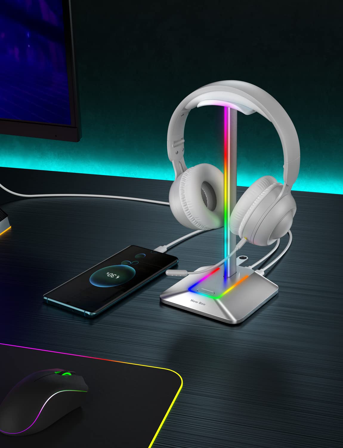New Bee RGB Gaming Headset Stand with USB Data Port & USB-C Charging - Premium Aluminum Headphone Holder for PC, Desk, Gaming Setup - Perfect for Gamers & Streamers (Silver)