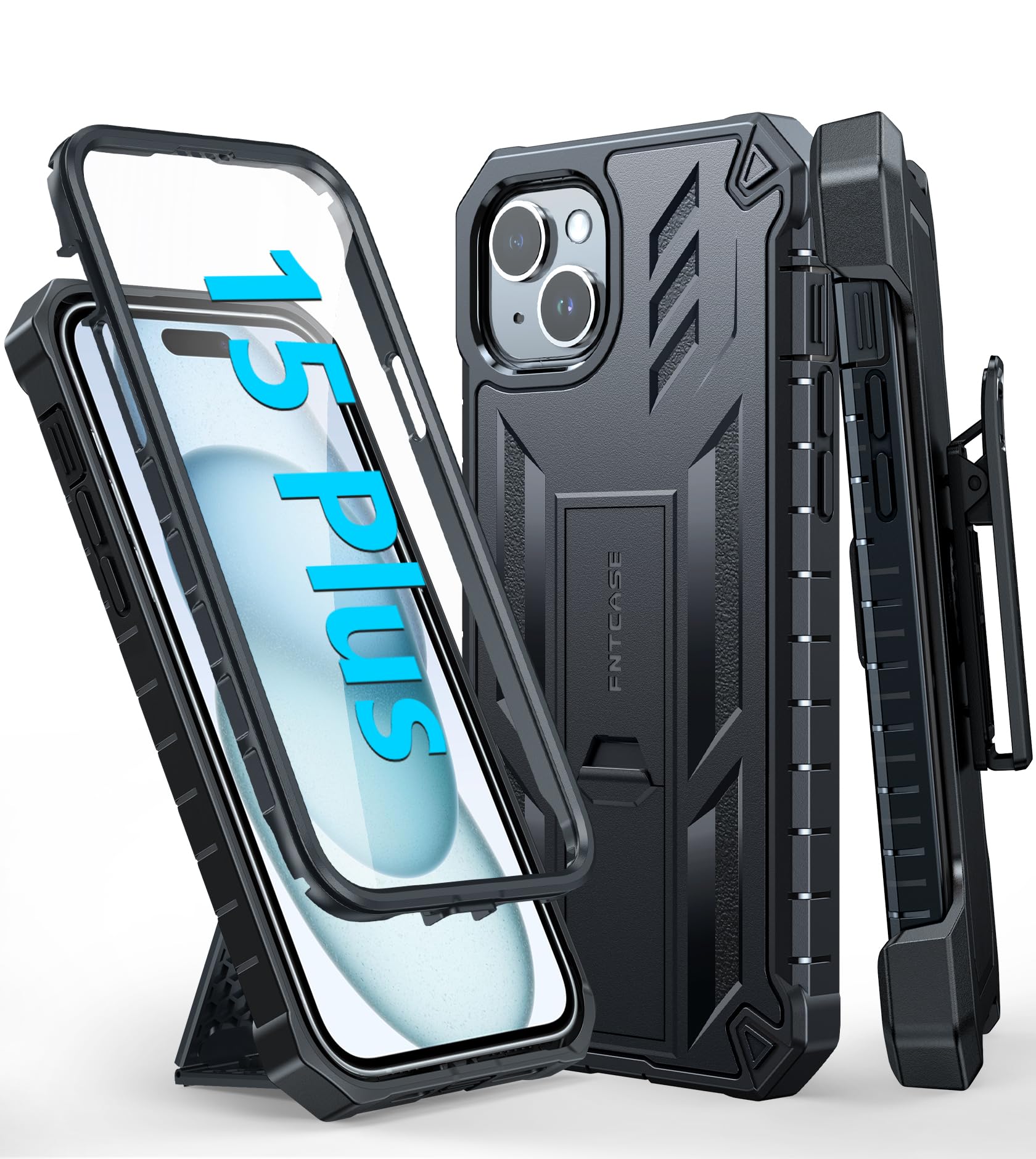 FNTCASE Rugged Military Grade iPhone 15 Plus Case with Belt Clip Holster & Kickstand - Shockproof Matte TPU Protective Cover for 6.7