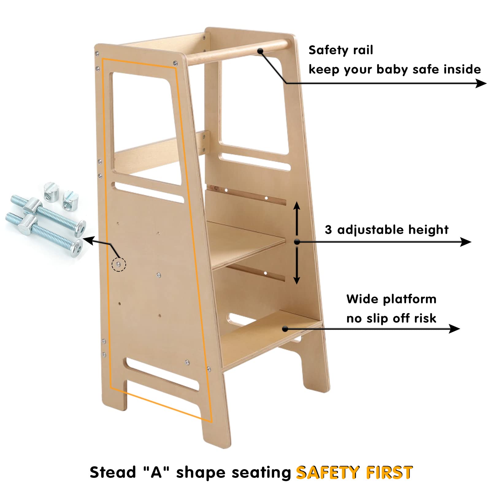 Solid Wood Adjustable Height Kids Step Stool with Safety Rail - Toddler Learning Tower for Kitchen Counter, Bathroom Sink, and Craft Table Helper