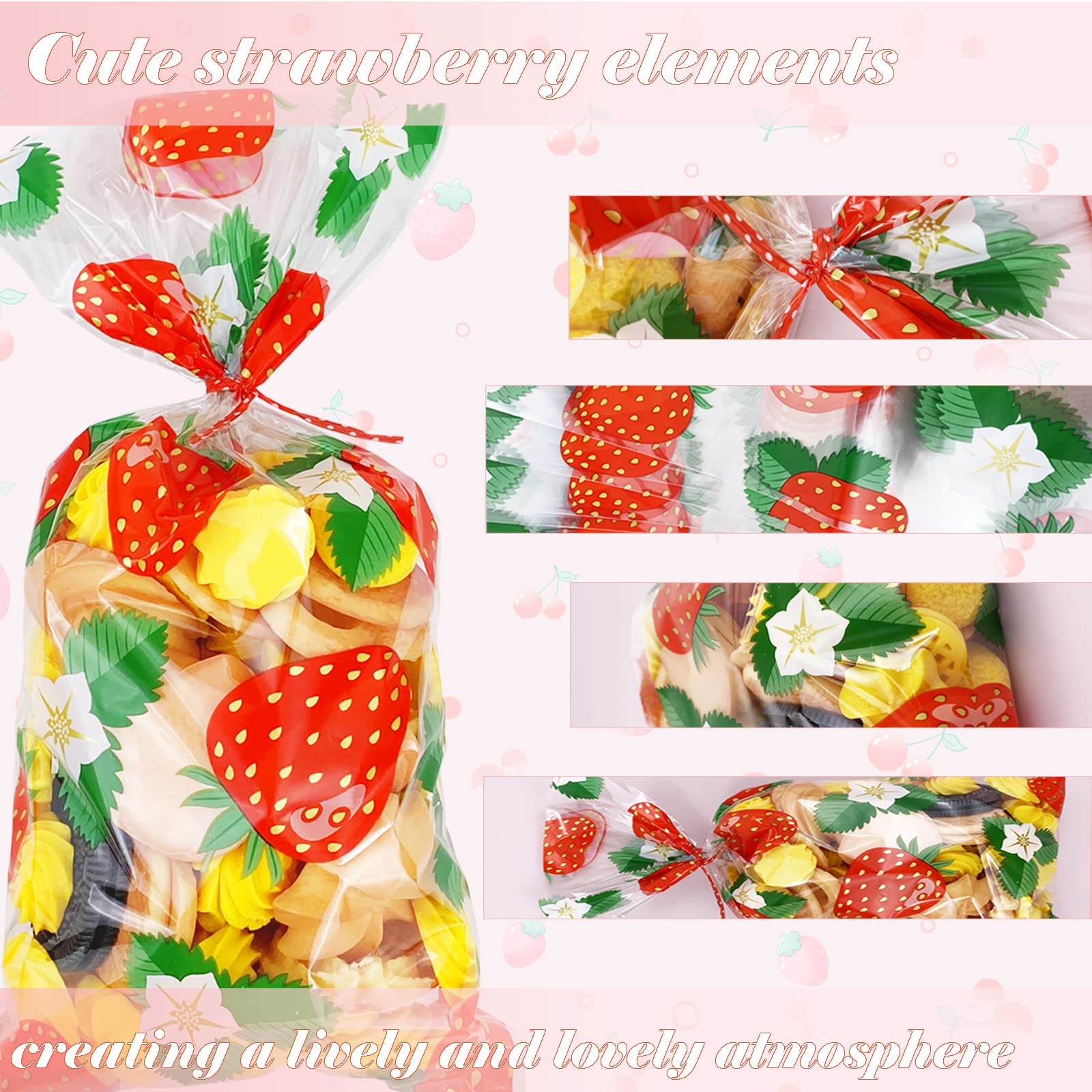 Strawberry Cellophane Bags 100Pcs with Twist Ties - Perfect for Candy, Cookies & Party Favors