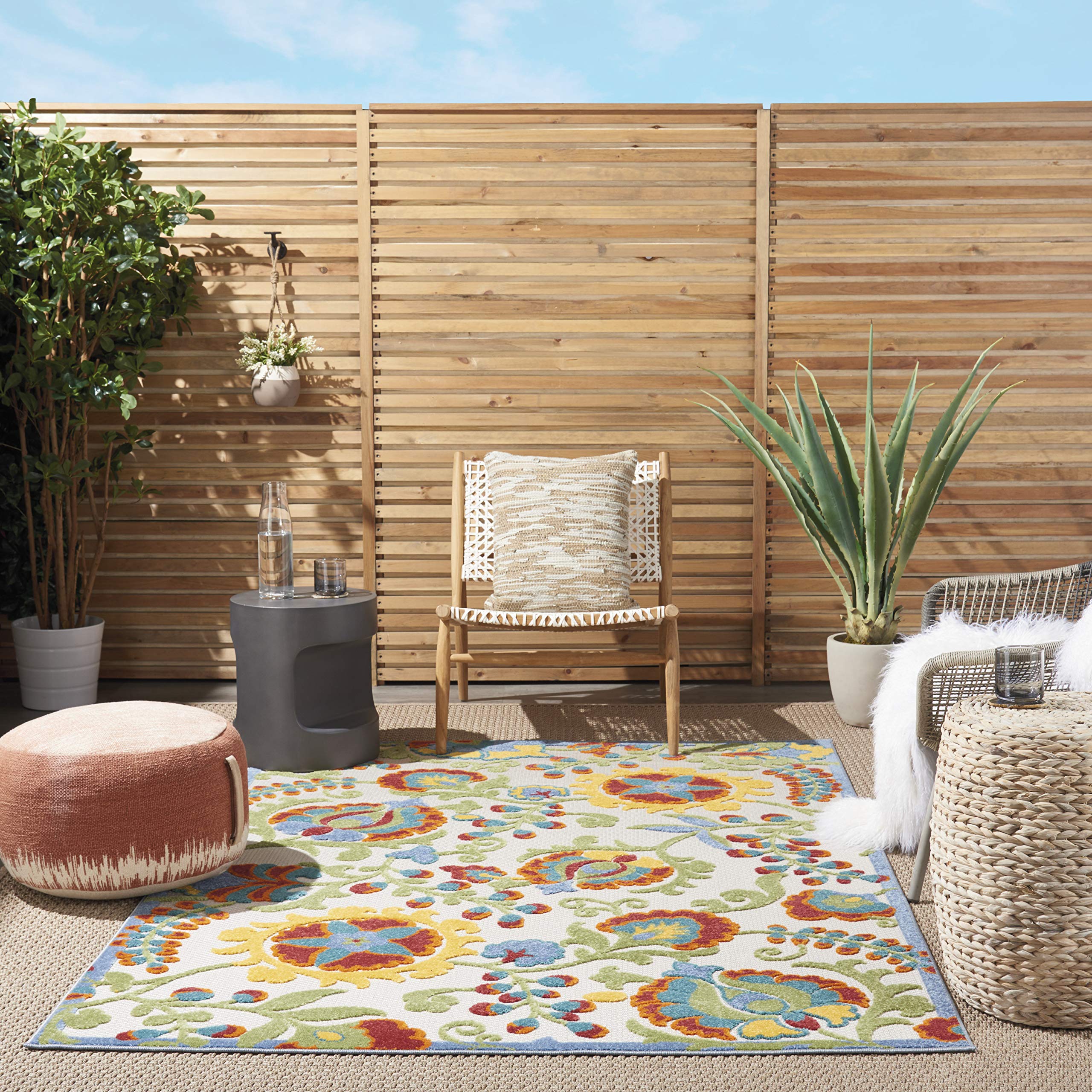 Nourison Aloha 6' x 9' Indoor Outdoor Area Rug - Ivory & Multicolor Design, Easy to Clean, Non-Shedding - Perfect for Bedroom, Living Room, Dining Room, Backyard, Deck & Patio Use