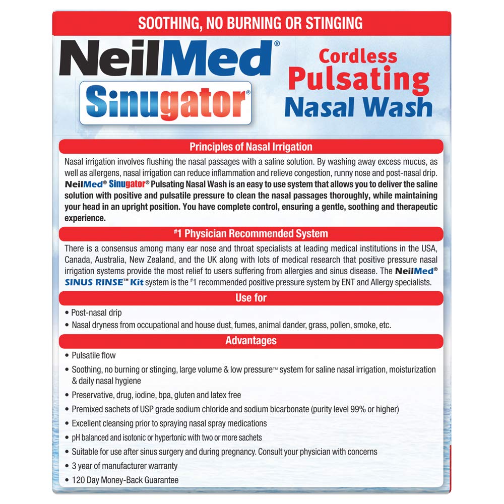 NeilMed Sinugator Cordless Pulsating Nasal Wash Kit - Includes 1 Irrigator, 30 Premixed Saline Packets & 3 AA Batteries | Safe & Effective Nasal Irrigation for Sinus Relief, Allergies & Cold Symptoms | Perfect for Home, Travel & Daily Nasal Care