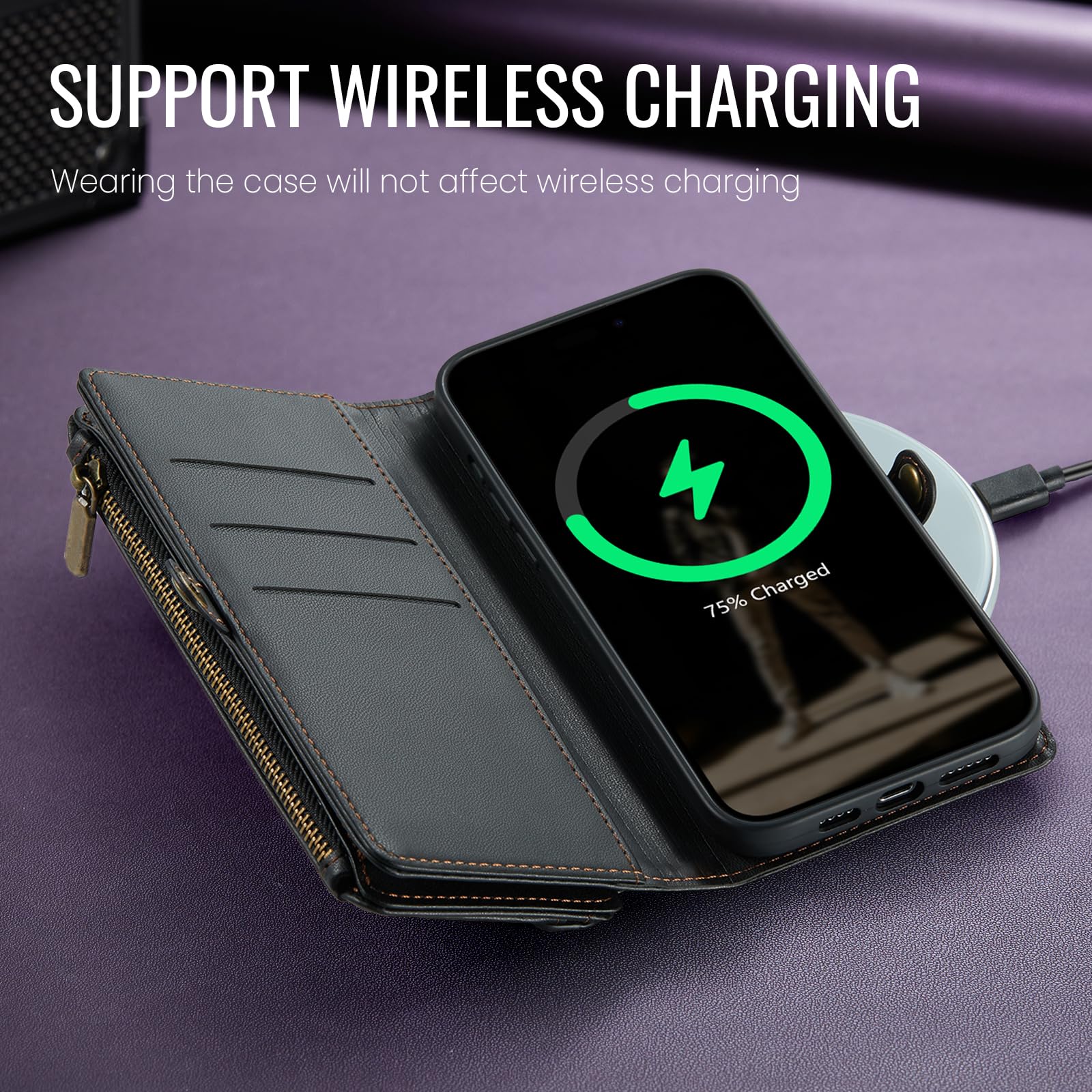 Defencase iPhone 13 Pro Max Case - Elegant Black RFID Blocking Wallet Case with Card Holder, Zipper Closure & Magnetic Flip Cover | PU Leather Protective Phone Cover Compatible with Wireless Charging & Kickstand | Perfect for Travel, Work & Everyday Use
