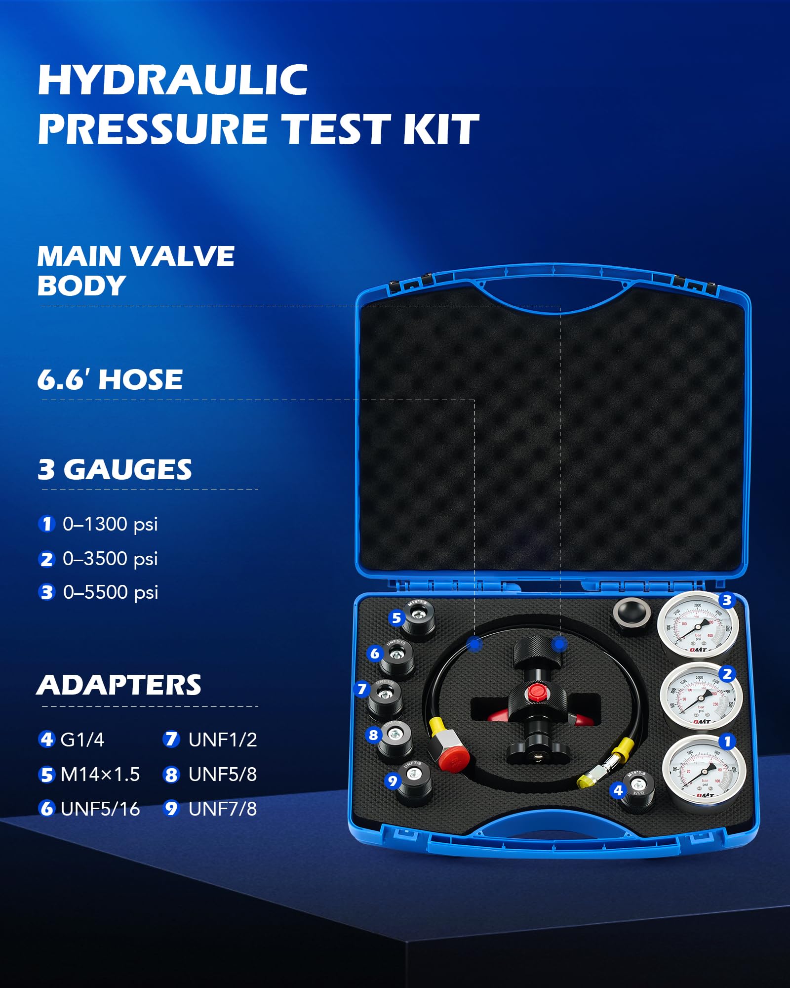 Orion Motor Tech Hydraulic Nitrogen Accumulator Charging Kit - 1300/3500/5500 PSI with 3 Gauges, 6 Adapters, Gas Hose & Valve Body - Professional Hydraulic Pressure Test Kit for Industrial & Automotive Applications - Perfect for Hydraulic System Maintenance & Nitrogen Charging
