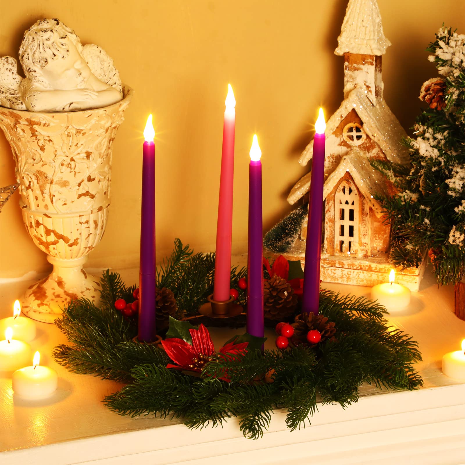5-Piece 19-Inch Christmas Advent Wreath Candle Holder Set with 4 Taper Candles - Traditional Holiday Centerpiece Decor for Home, Church, and Table Settings During Christmas Season
