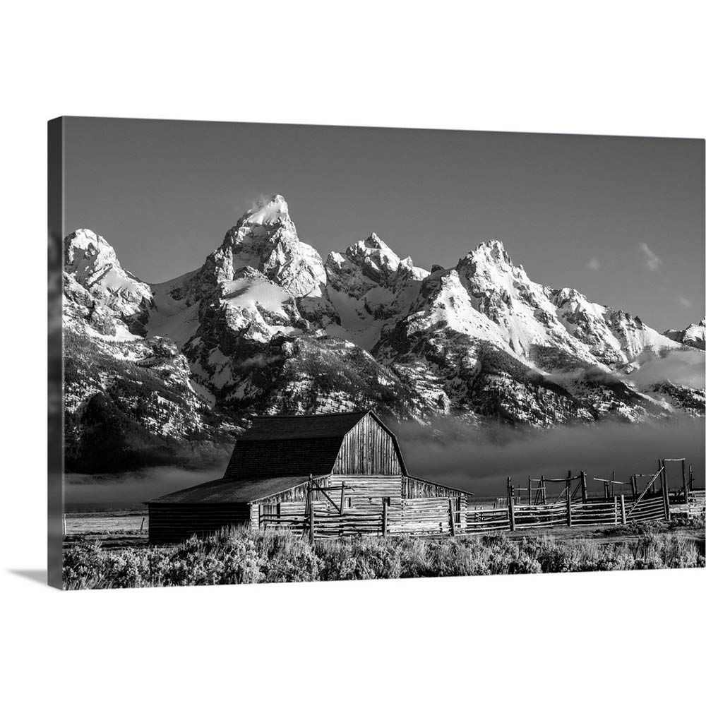 Historic John Moulton Barn at Mormon Row - Grand Teton National Park Wyoming Black & White Fine Art Photography Canvas Print - 48x32 Inch Wall Decor for Living Room, Office & Gallery | Circle Capture Artwork
