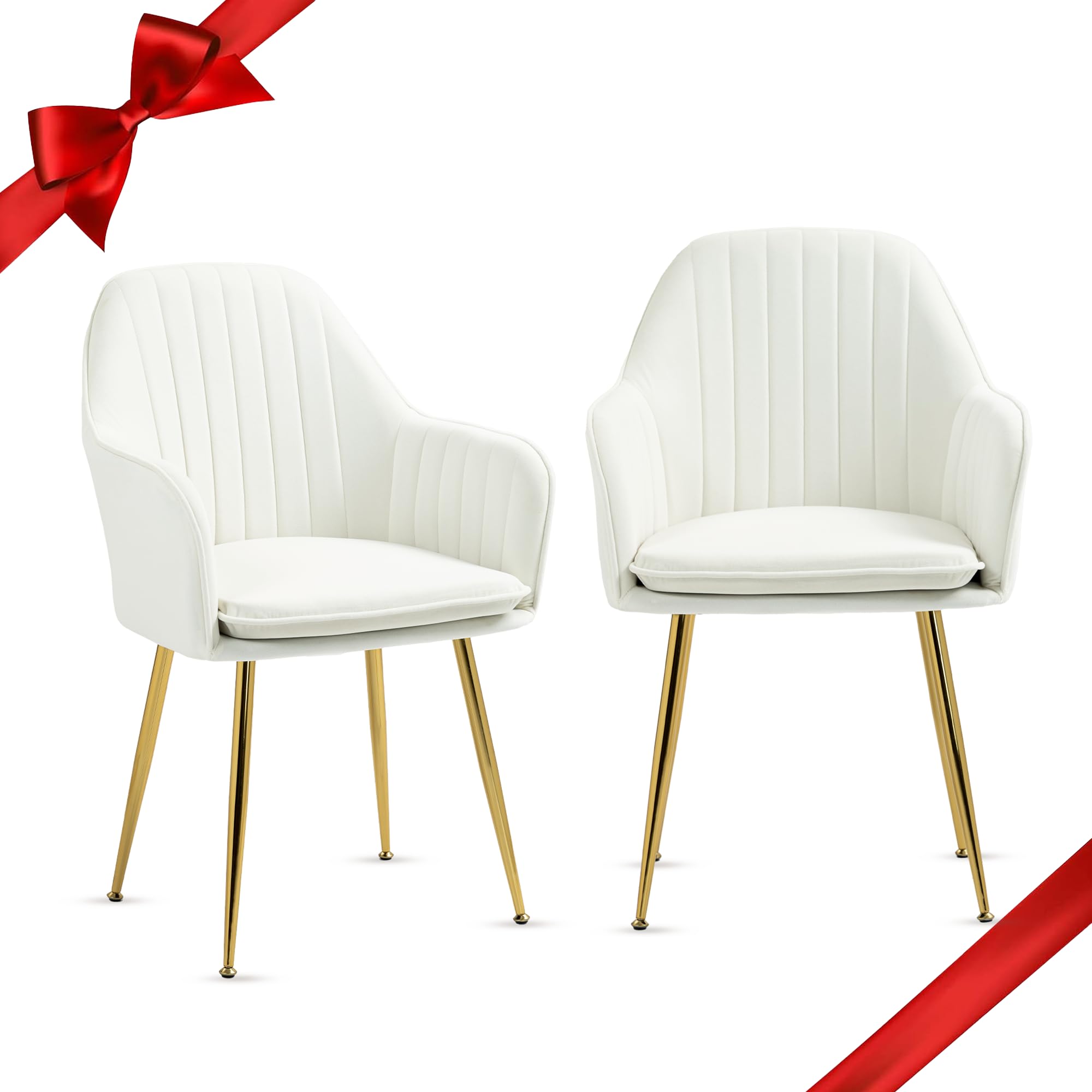 ECOTOUGE Velvet Dining Chairs Set of 2 - Modern Upholstered Armchairs with Golden Metal Legs, Mid Century Kitchen & Living Room Accent Chairs in Beige | Perfect for Dining Room, Breakfast Nook & Lounge Area