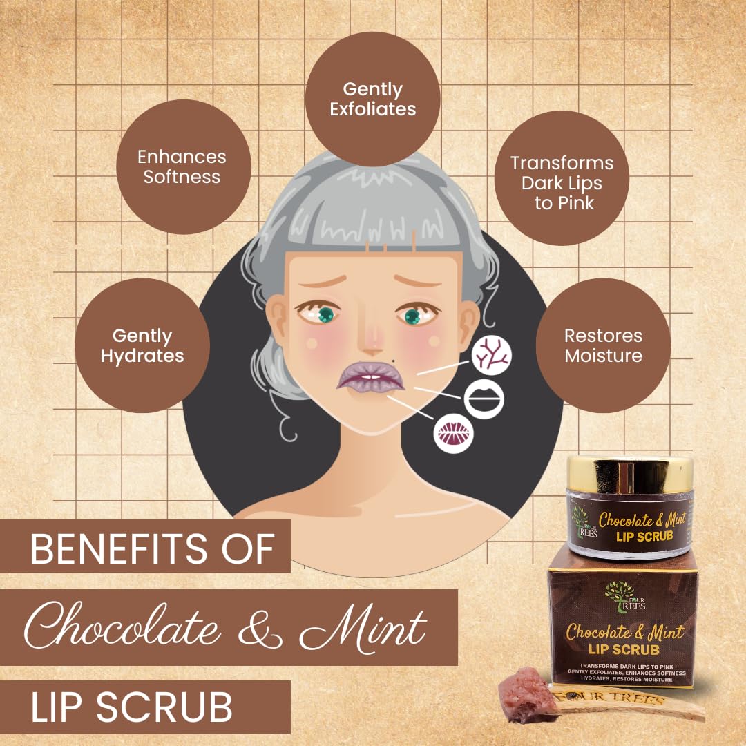 Four Trees Chocolate & Mint Lip Scrub - Natural Exfoliator for Dark Lips to Pink | Moisturizing & Softening Lip Care for Men & Women | Perfect for Dry, Chapped Lips & Pre-Makeup Prep