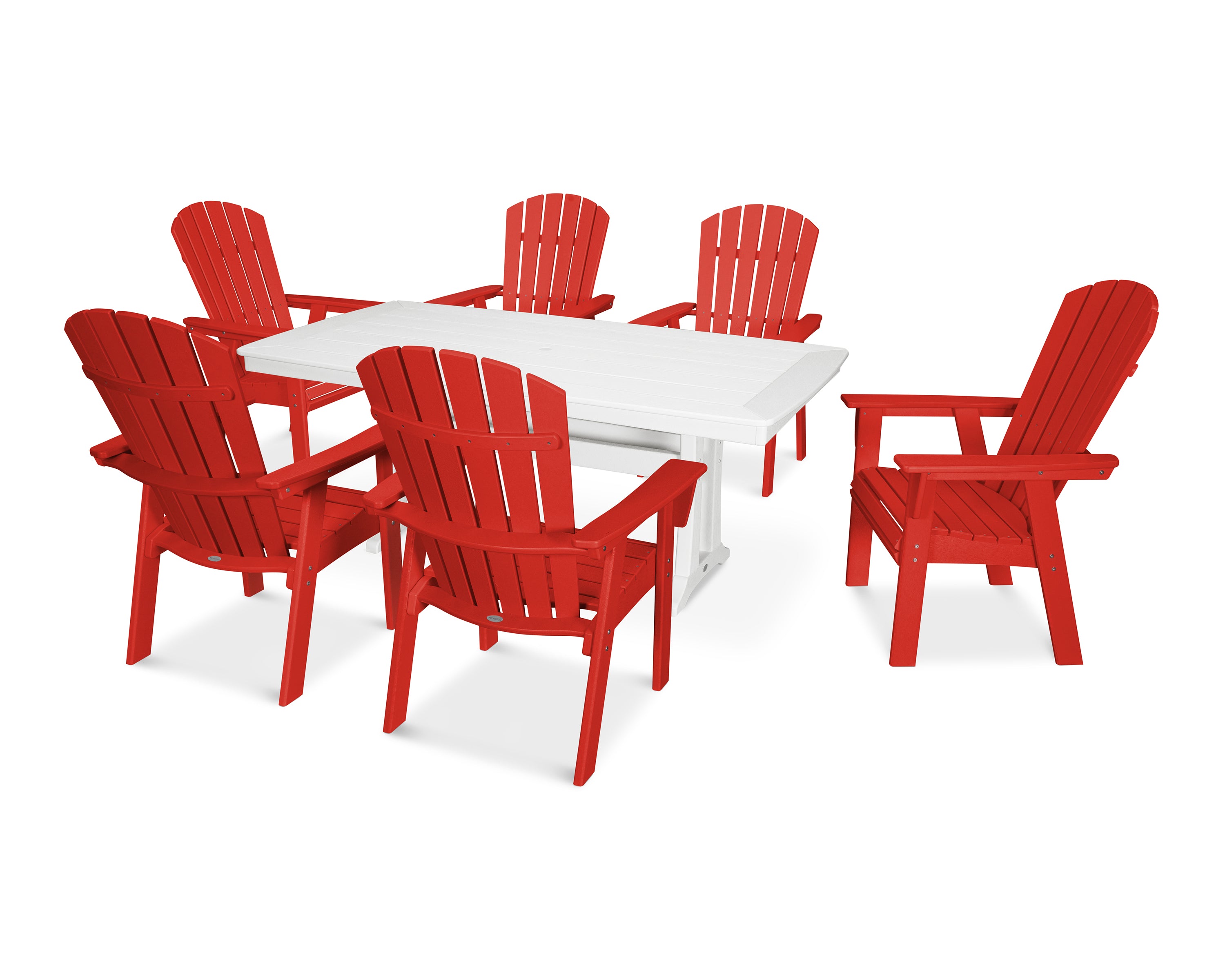 POLYWOOD Nautical Curveback Adirondack 7-Piece Outdoor Dining Set with Trestle Legs - Perfect for Patio, Poolside, and Beachfront Entertaining