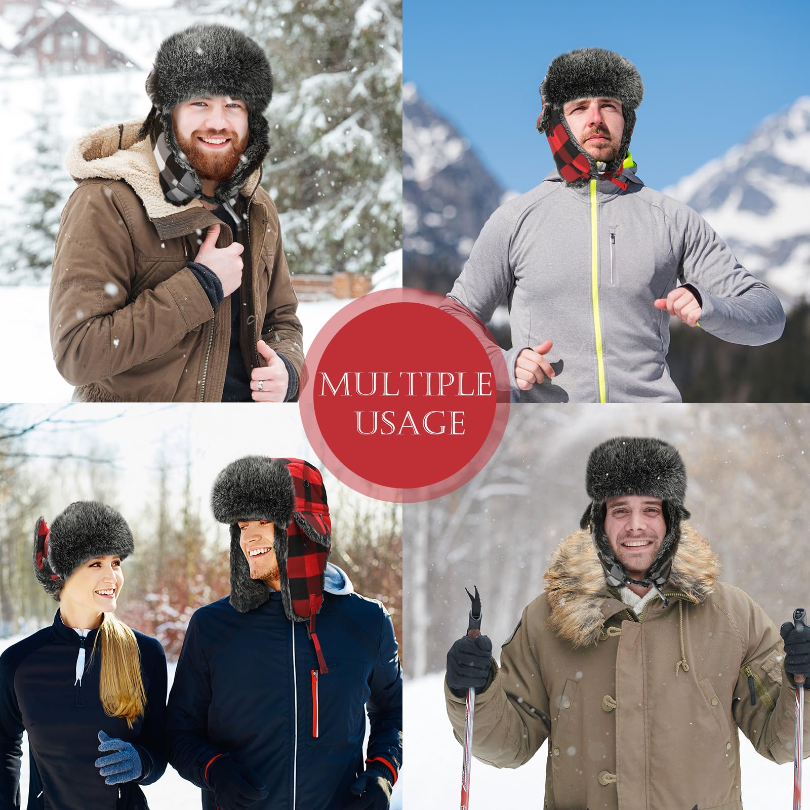 Syhood 2-Pack Unisex Plaid Ushanka Winter Hats with Ear Flaps - Warm Fleece-Lined Trapper Hat for Men & Women - Perfect for Skiing, Snowboarding & Cold Weather Outdoor Activities