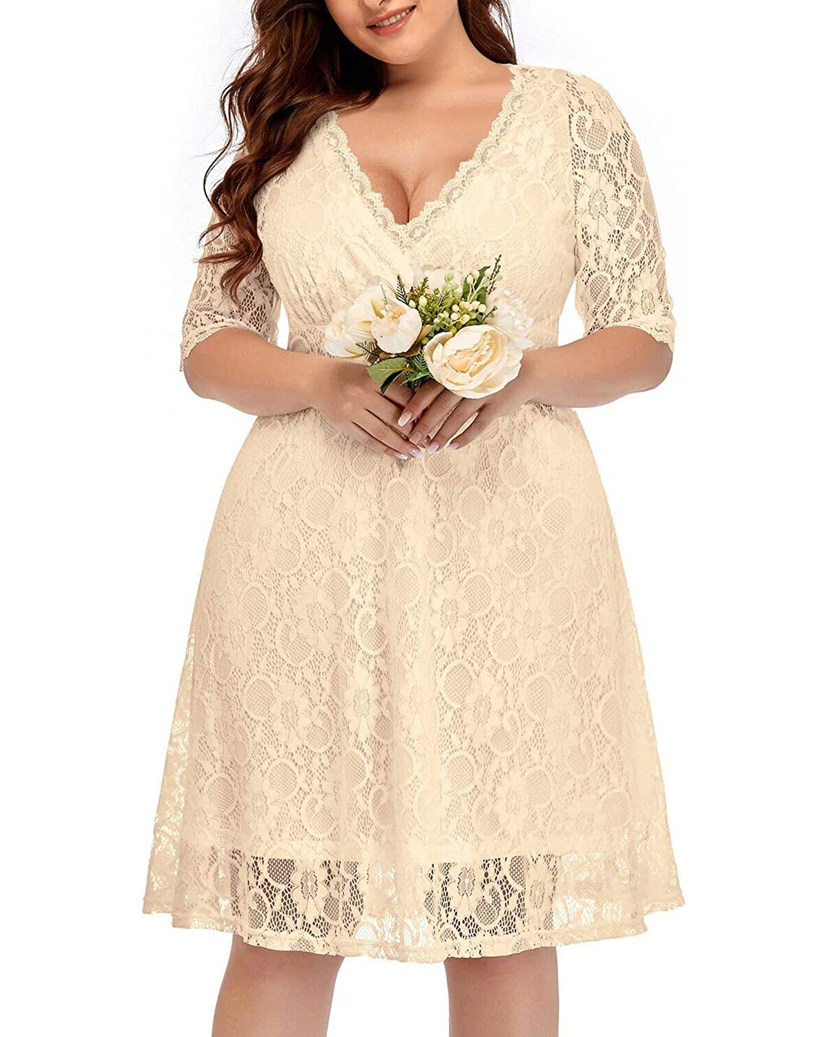 Plus Size Women's Lace Wrap V-Neck Knee-Length Cocktail Dress for Wedding Guest & Semi-Formal Parties | Elegant Evening Wear for Special Occasions
