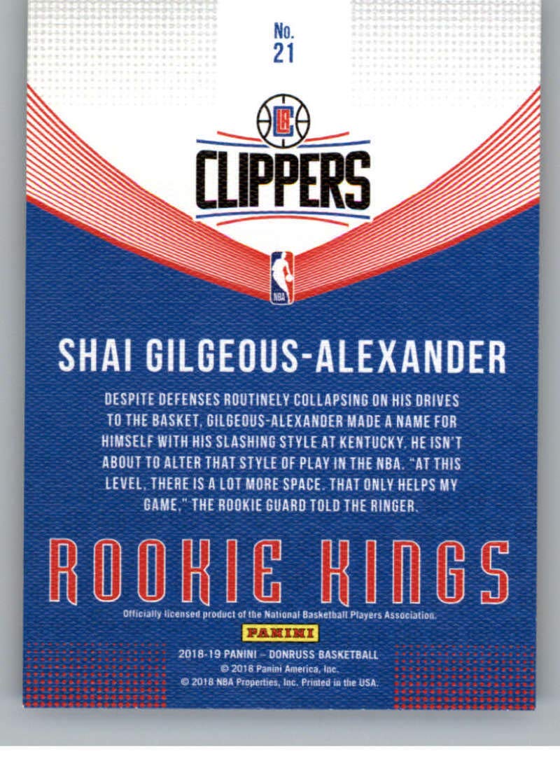 2018-19 Donruss Rookie Kings #21 Shai Gilgeous-Alexander LA Clippers NBA Trading Card - Panini Official Collectible for Basketball Fans & Card Investors