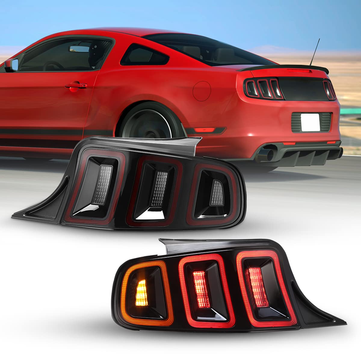 2010-2014 Ford Mustang LED Tail Lights Assembly - Pair with Amber Sequential Turn Signals, DRL & Reverse Lights (Chrome Red/Clear Lens) | Upgrade for Enhanced Visibility & Style | Perfect for Night Driving & Car Customization