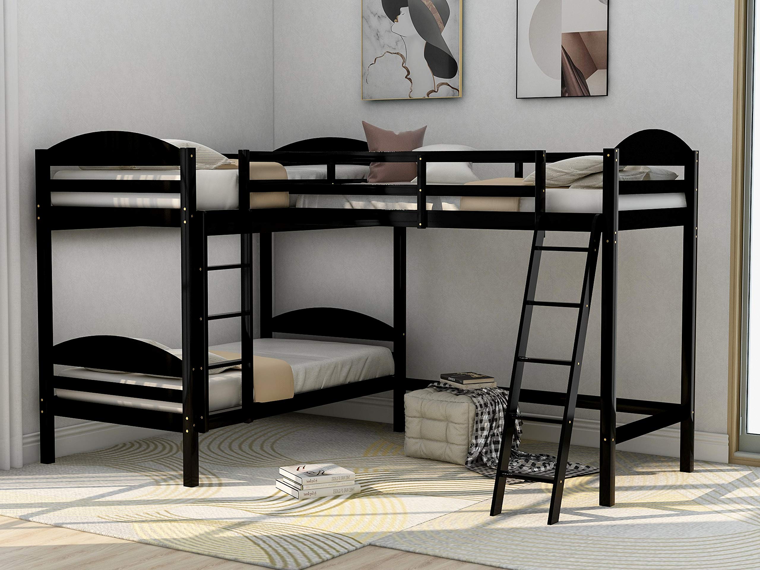 P PURLOVE Triple Bunk Bed - L-Shaped Wooden Bunk Bed & Loft Bed for Kids & Teens, Twin Size Bed Frame in Espresso Finish | Perfect for Small Bedrooms, Shared Kids' Rooms & Space-Saving Solutions