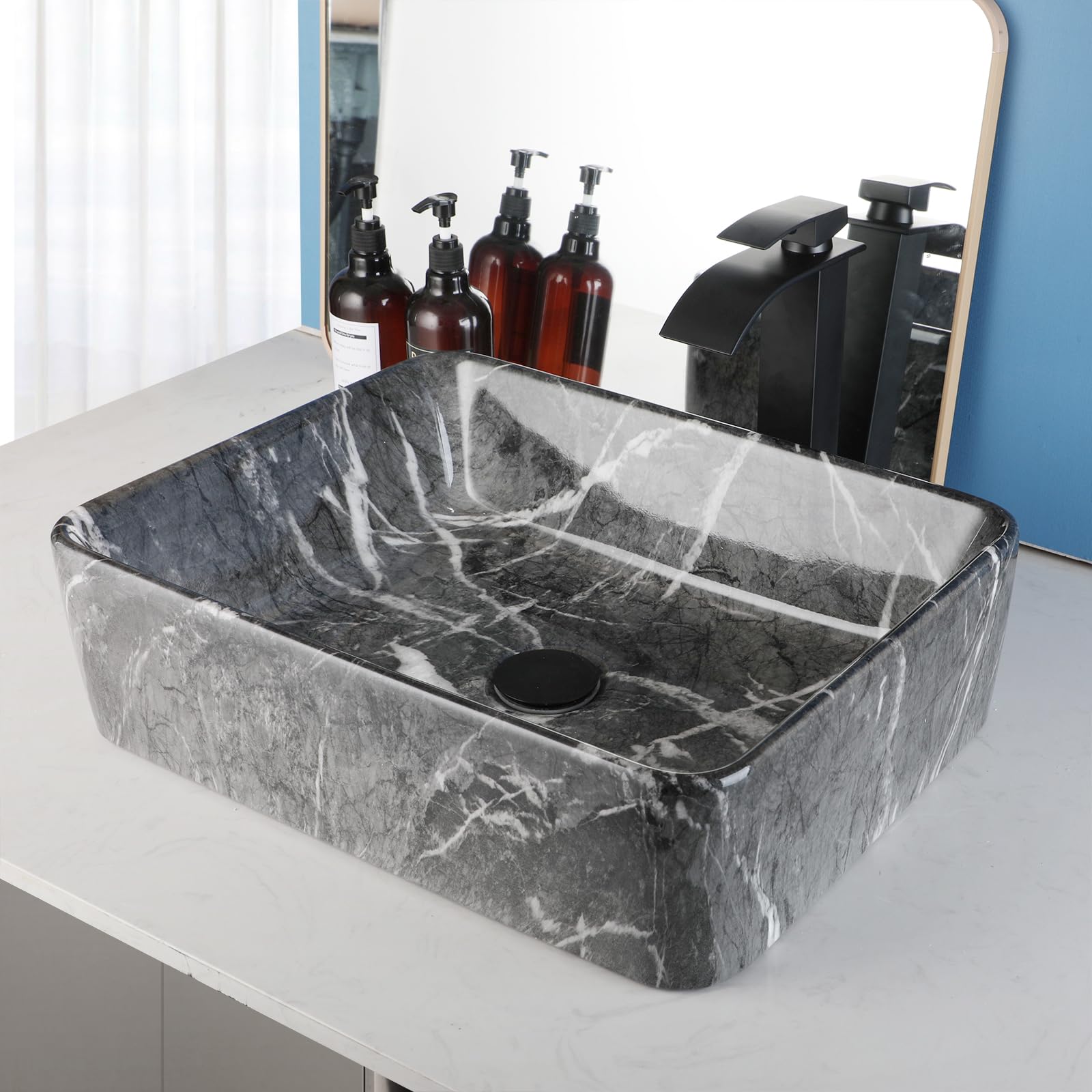 Black Marble Bathroom Vessel Sink with Faucet - 19x15 Inch Rectangular Ceramic Countertop Basin - Modern Porcelain Above Counter Bowl for Bathroom Vanity - Perfect for Contemporary Home & Spa Decor