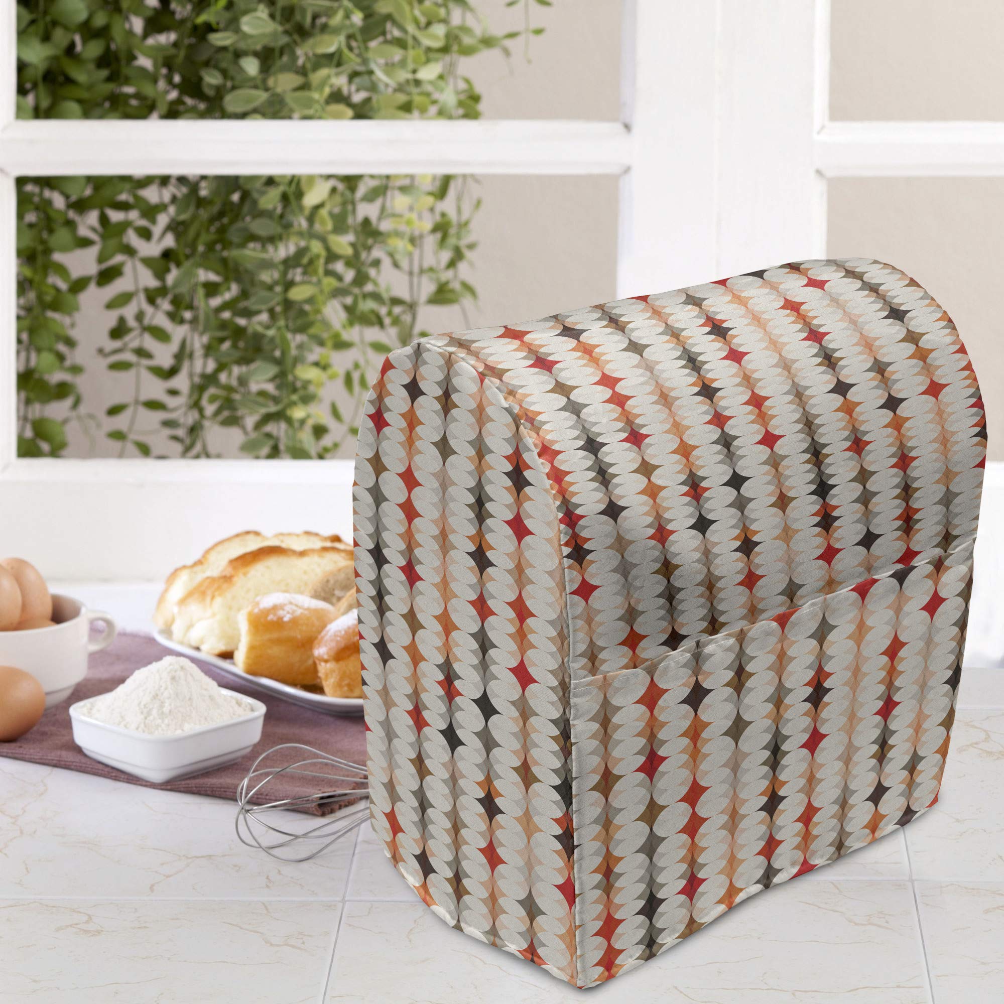 Ambesonne Vintage Geometric Stand Mixer Cover - Oval Mosaic Pattern in Orange Peach Red, 6-8 Quart Kitchen Appliance Organizer with Pocket | Perfect for Baking, Kitchen Organization & Countertop Protection