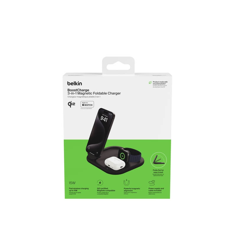 Belkin 3-in-1 Qi2 Wireless Charging Station (MGS/BLK) - Fast Charging for iPhone, Apple Watch & AirPods - Perfect for Home, Office & Nightstand