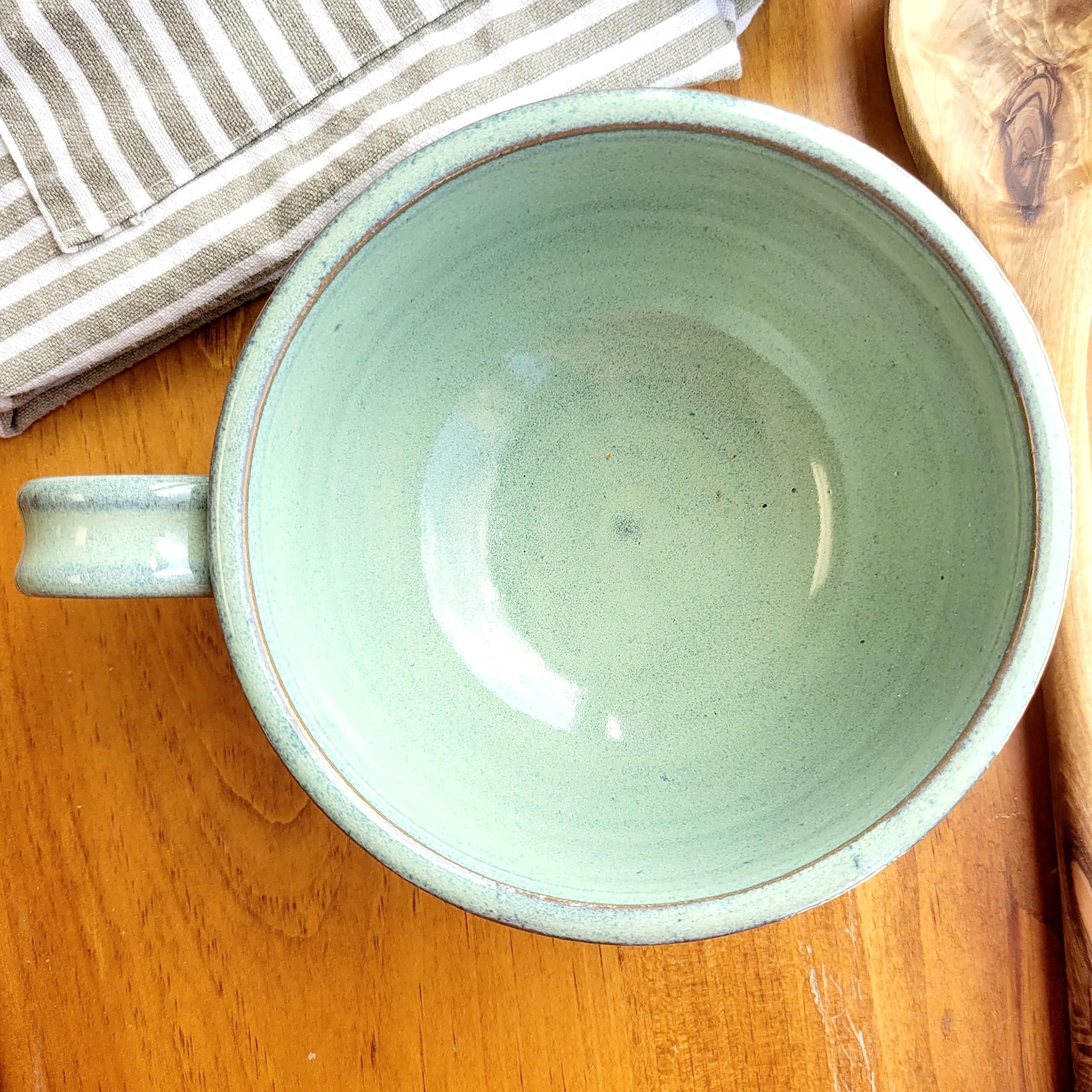Farmhouse Style Soup Bowls with Handles - Set of 2 Deep Large Ceramic Bowls for Chowder, Stew & Soup - Handmade Pottery Kitchen Decor (Green) - Perfect for Rustic Dining, Soup Parties & Cozy Kitchen Decor