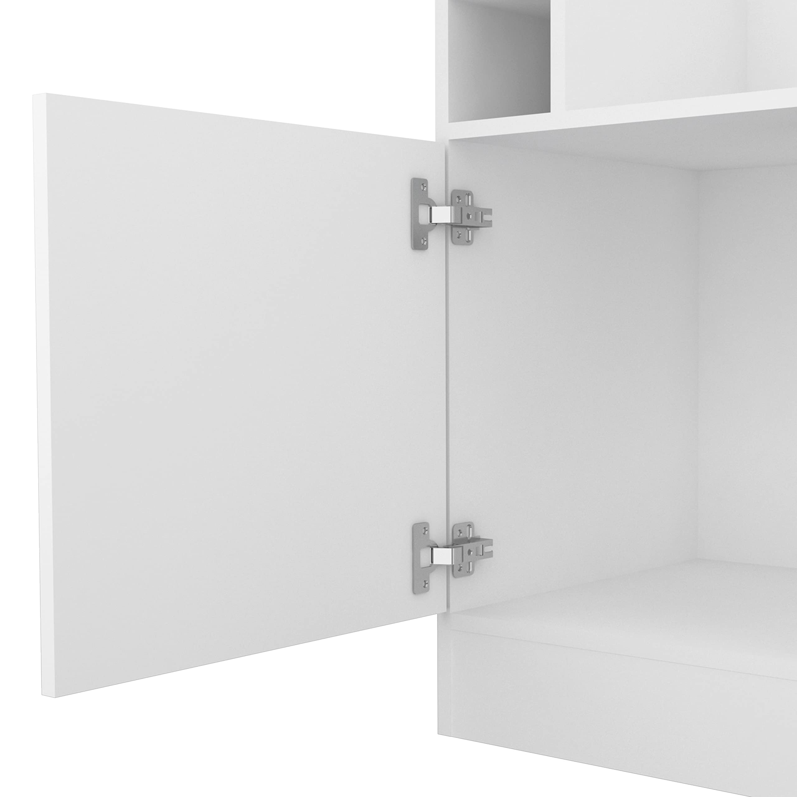 White Seattle Corner Bar Cabinet with 3 Open Shelves, Glass Rack & 8 Bottle Storage - Modern Home Bar Furniture for Living Room, Dining Room or Man Cave