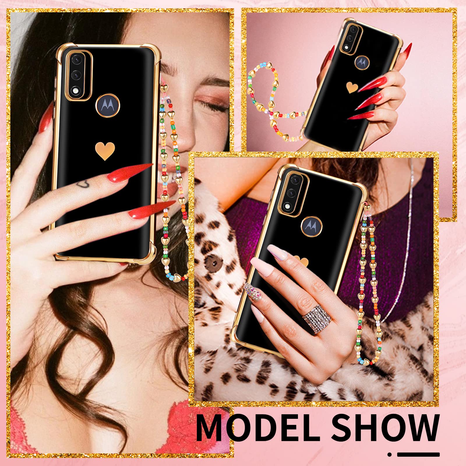 3-in-1 Luxury Heart Pattern Phone Case for Motorola Moto G Pure 2021 (6.5 Inch) - Cute Aesthetic Love Design with Screen Protector & Chain - Perfect Gift for Women & Girls (Black/Gold) | Everyday Protection & Stylish Accessory