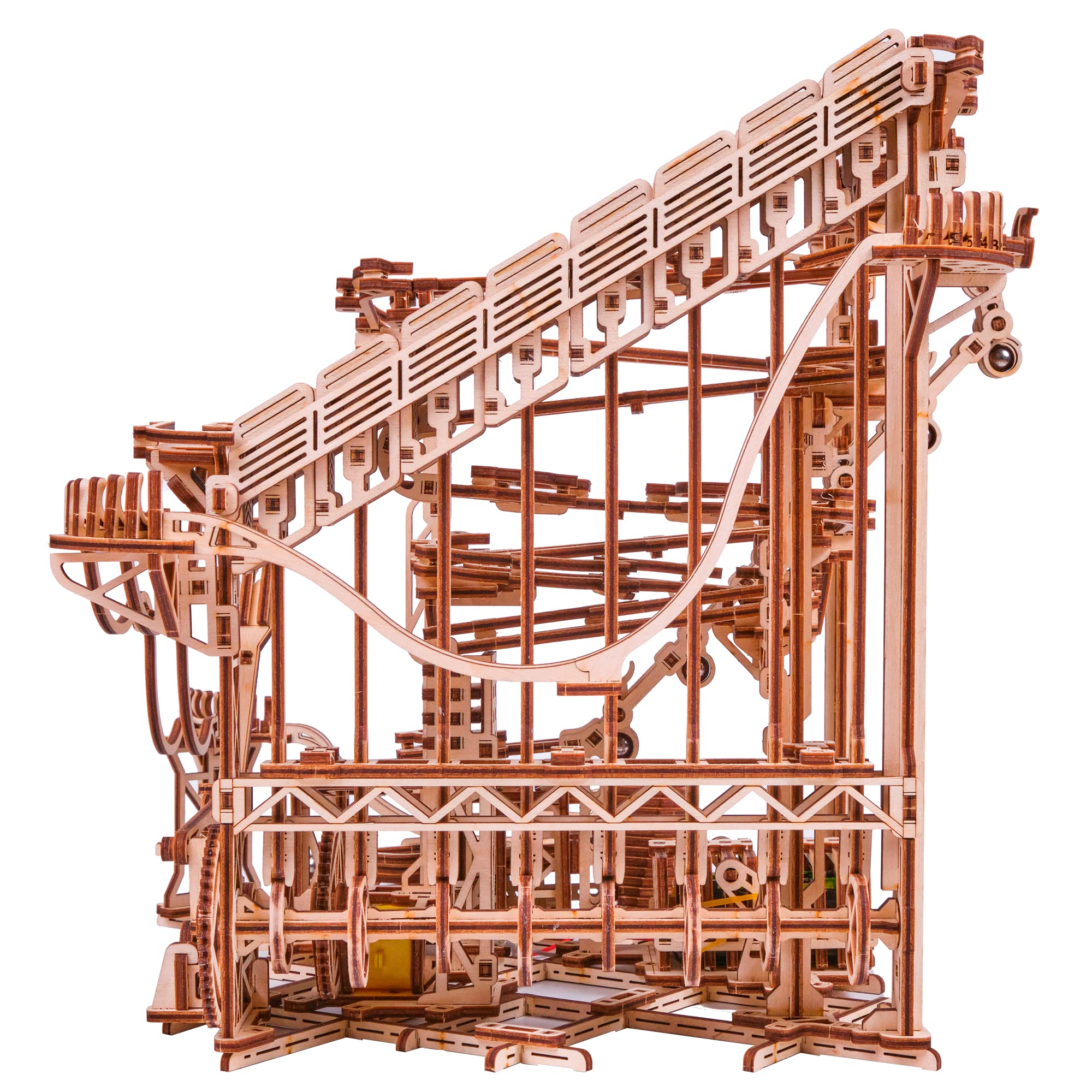 Wooden Marble Run Spiral Electric Motorized 3D Puzzle Kit - DIY Roller Coaster Mechanical Model for Adults & Teens (13x13) - Fun STEM Building Toy for Family Game Night & Educational Play