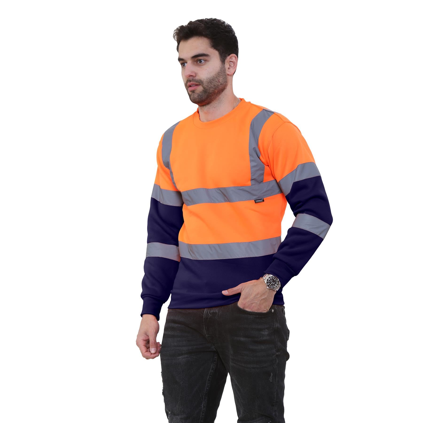 Janisramone Men's High Visibility Reflective Fleece Sweatshirt - Hi-Viz Safety Workwear for Construction, Jogging & Night Outdoor Activities