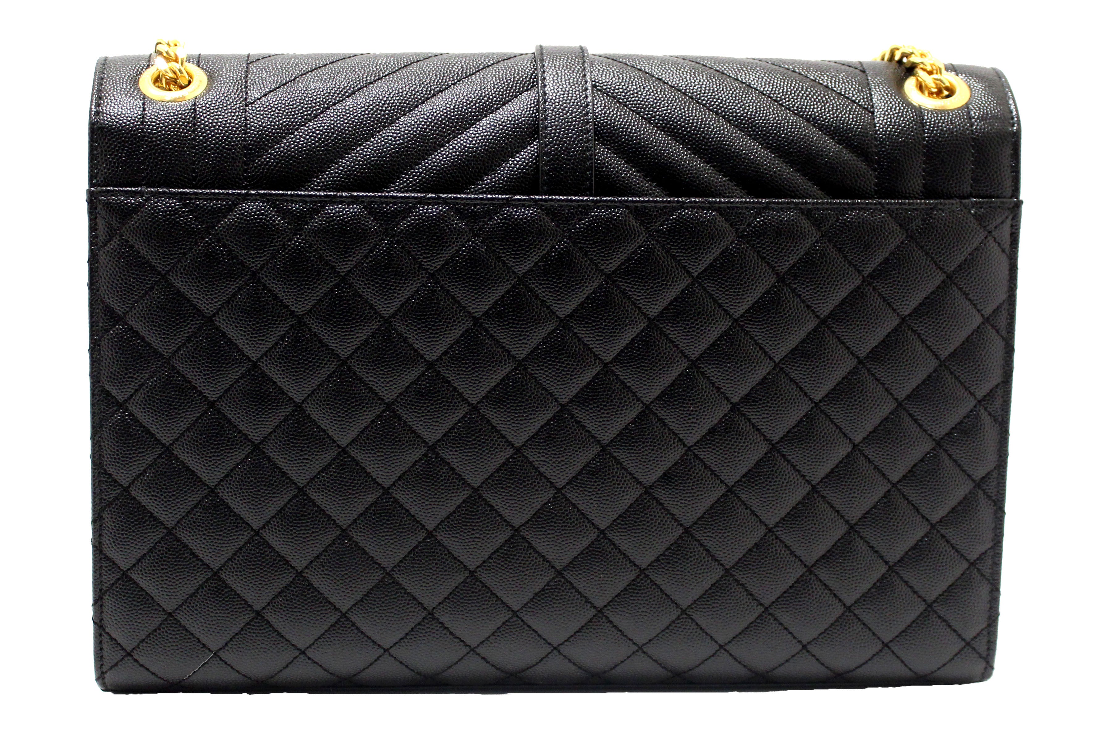 Authentic Saint Laurent Black Matelasse Grain De Poudre Embossed Leather Large Envelope Bag - Luxury Designer Handbag for Women, Perfect for Work, Evening Events & Everyday Use