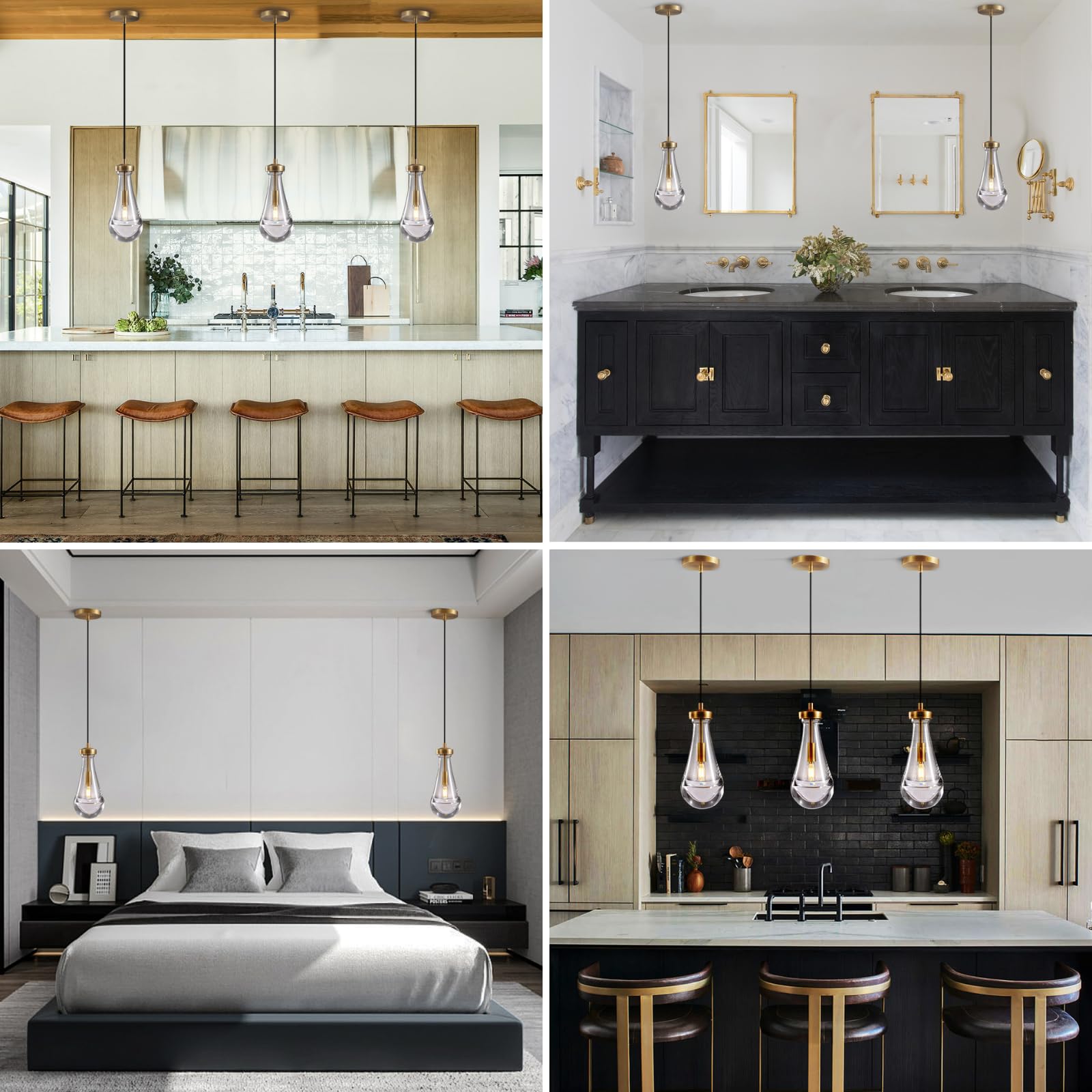 Modern Brass Pendant Light Fixtures Set of 2 with Raindrop Glass, Kitchen Island Lighting, Dining Room Chandelier for Porch, Living Room, Dining Table, E12 LED Bulb, Perfect for Farmhouse, Cafe, and Bedroom Decor