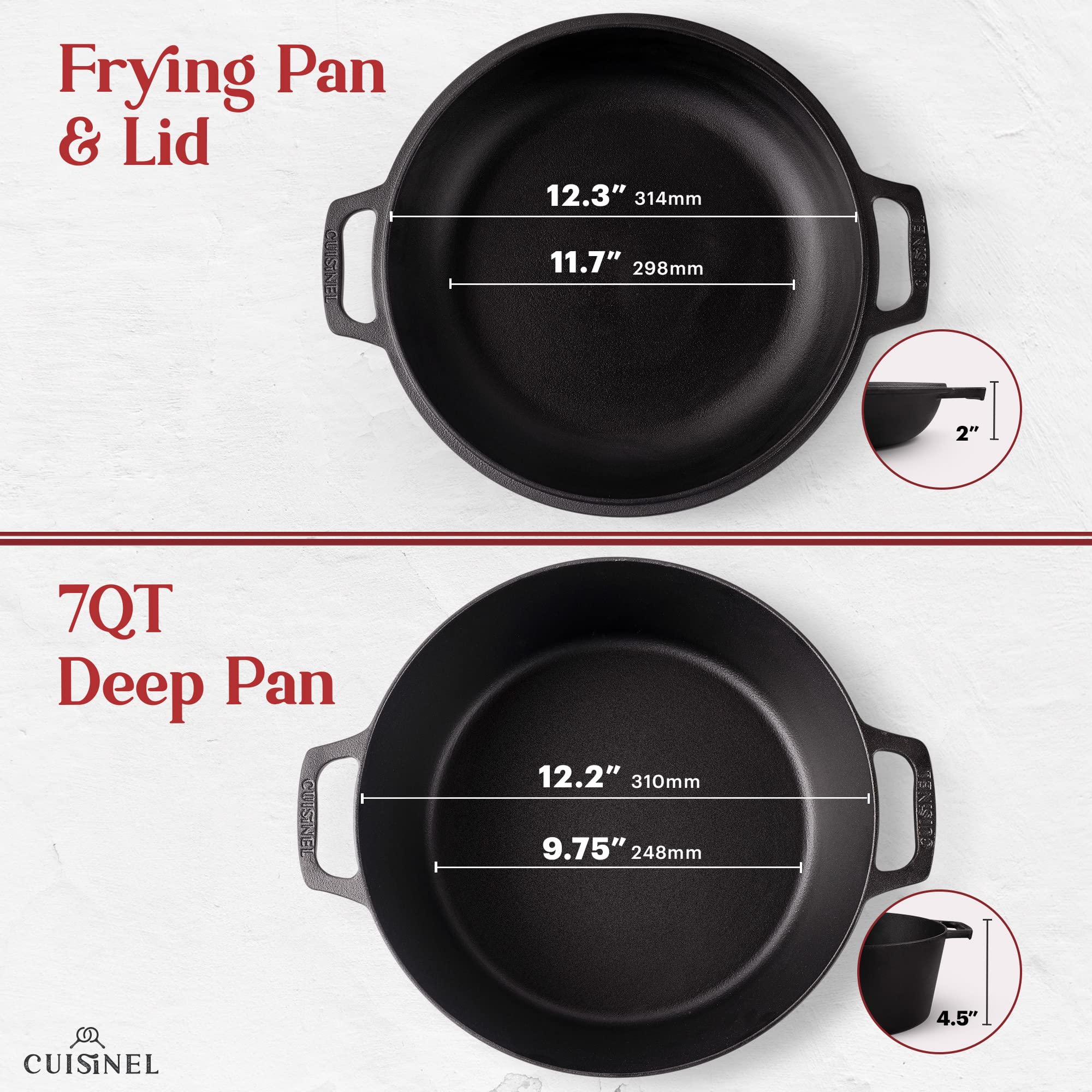 Cuisinel 7-Quart Cast Iron Dutch Oven with Combo Lid - Pre-Seasoned 2-in-1 Deep Pot & 12