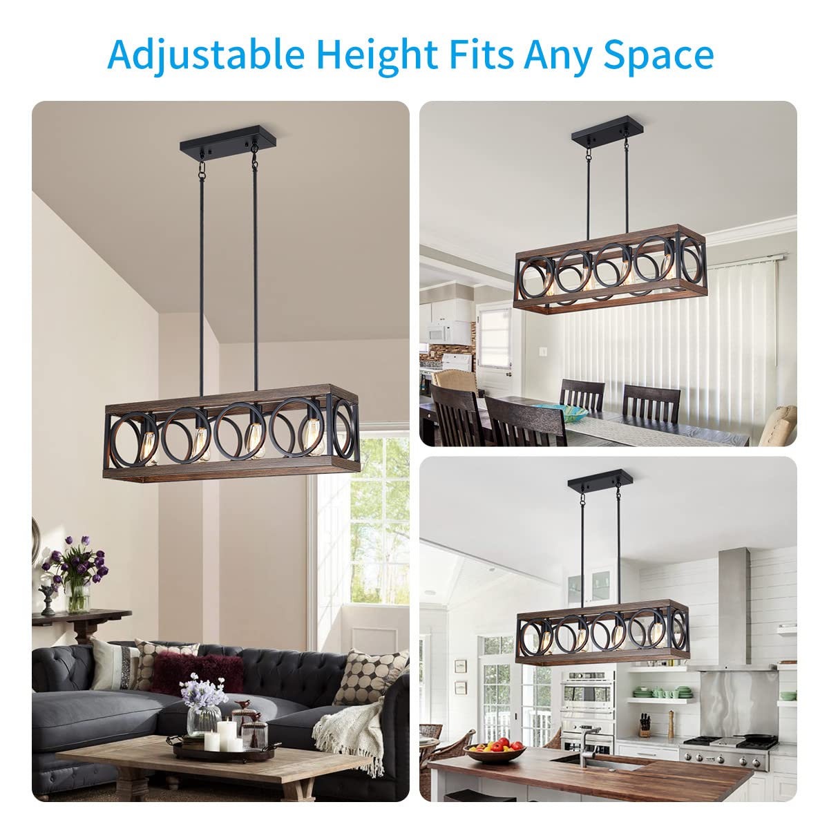 XINGQI Black Kitchen Island Light Fixture - Farmhouse Rectangular Linear Chandelier with Wood Grain Finish | 4-Light Pendant Ceiling Lighting for Dining Room, Bar, Office & Coffee Shop | Perfect for Modern Rustic & Industrial Decor
