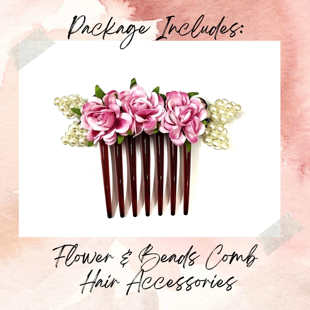 Artificial Floral Hair Comb Slide - Pink Side Juda Comb Hairpin for Women & Girls | Wedding, Prom, Party Hair Accessories