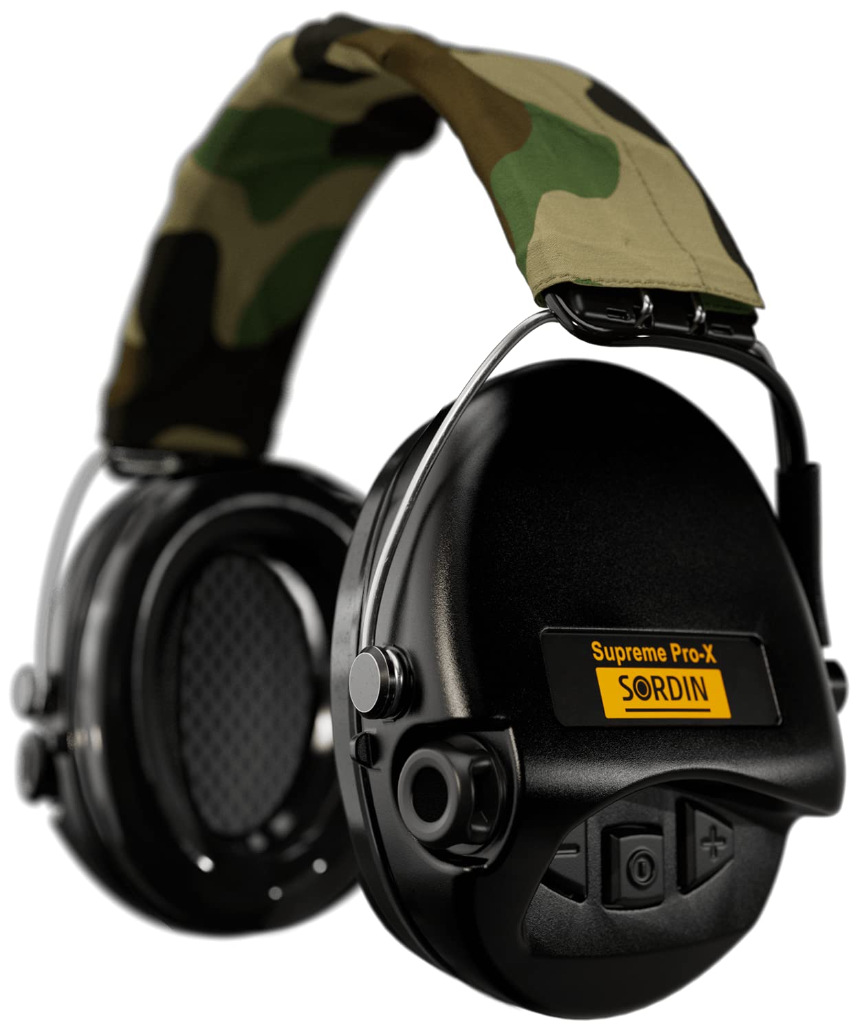 Sordin Supreme Pro-X Electronic Earmuffs with Camo Headband & Gel Pads - Active Noise Cancelling Hearing Protection for Shooting, Hunting & Construction Work