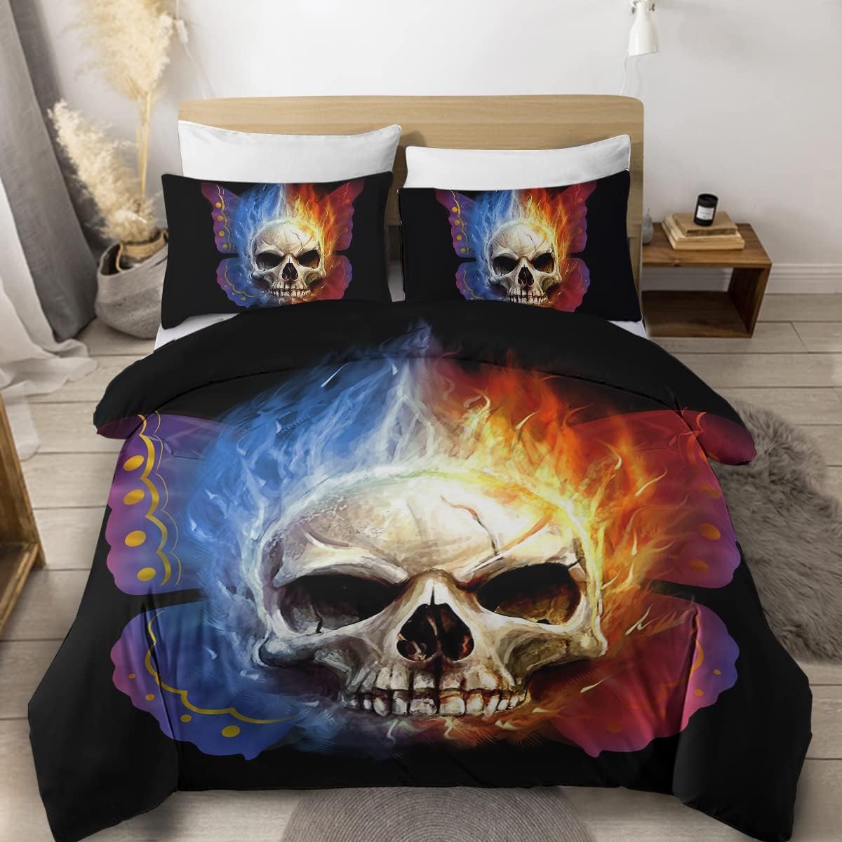 Sleepwish Skull Print Full Size Bedding Set for Boys - Fire Themed Duvet Cover with 2 Matching Pillowcases (Blue & Orange) - Perfect for Teen Bedrooms, Dorm Rooms & Gothic Decor