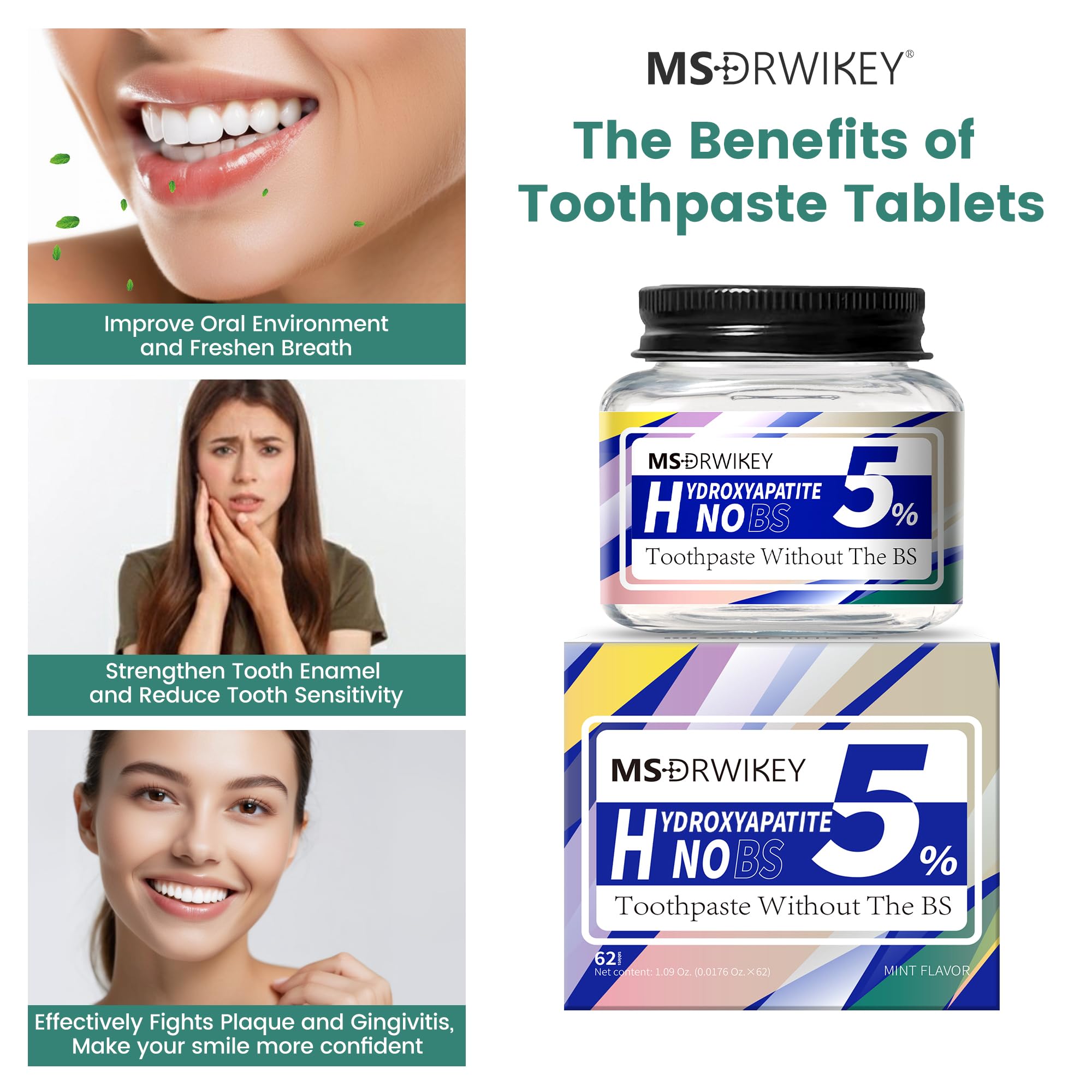 Hydroxyapatite Toothpaste Tablets for Teeth Strengthening & Fresh Breath - Enamel-Safe, Fluoride-Free, Travel-Friendly Dental Care (186 Tablets) | Perfect for Home, Travel & Eco-Conscious Oral Hygiene