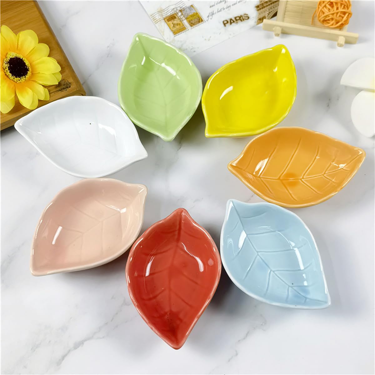 WAIT FLY 4-Piece Green Ceramic Leaf-Shaped Condiment Bowls - Perfect for Seasoning Dishes, Tea Bag Holders, Ketchup Saucers, Appetizer Plates, and Sushi Wasabi Dipping - Ideal for Kitchen, Dining Table, and Party Serving