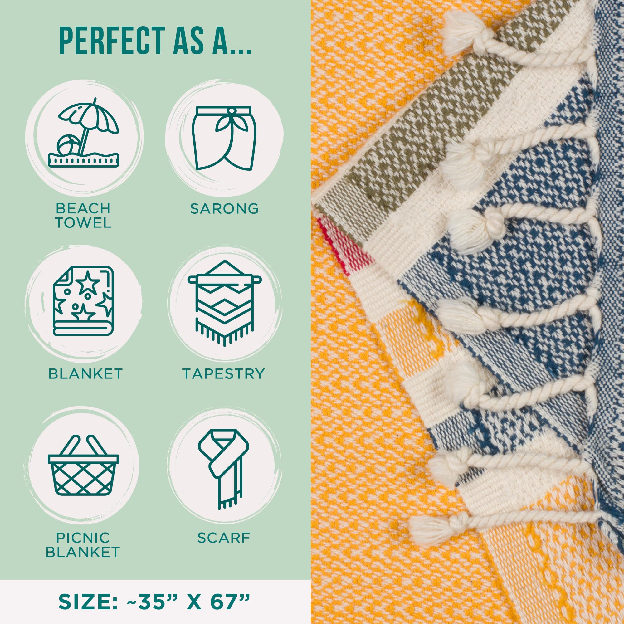 Sand Cloud Turkish Beach Towel - Sand Free, Fast Drying, 100% Organic Cotton - Perfect for Beach, Pool, Travel & Home Use - As Seen on Shark Tank - Honey Color