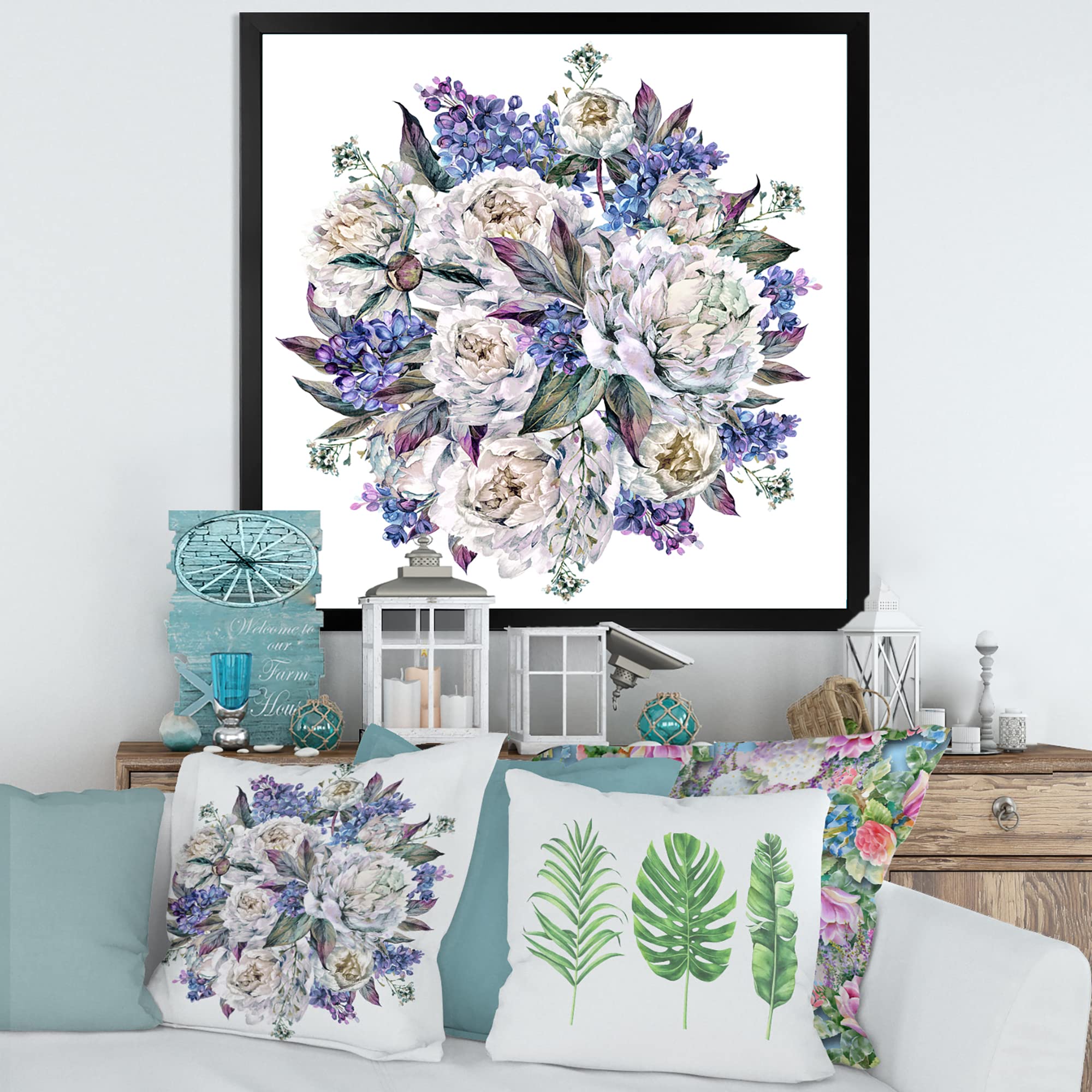DesignQ White and Blue Peony Bouquet Traditional Framed Wall Art - Perfect for Living Room, Bedroom & Office Decor